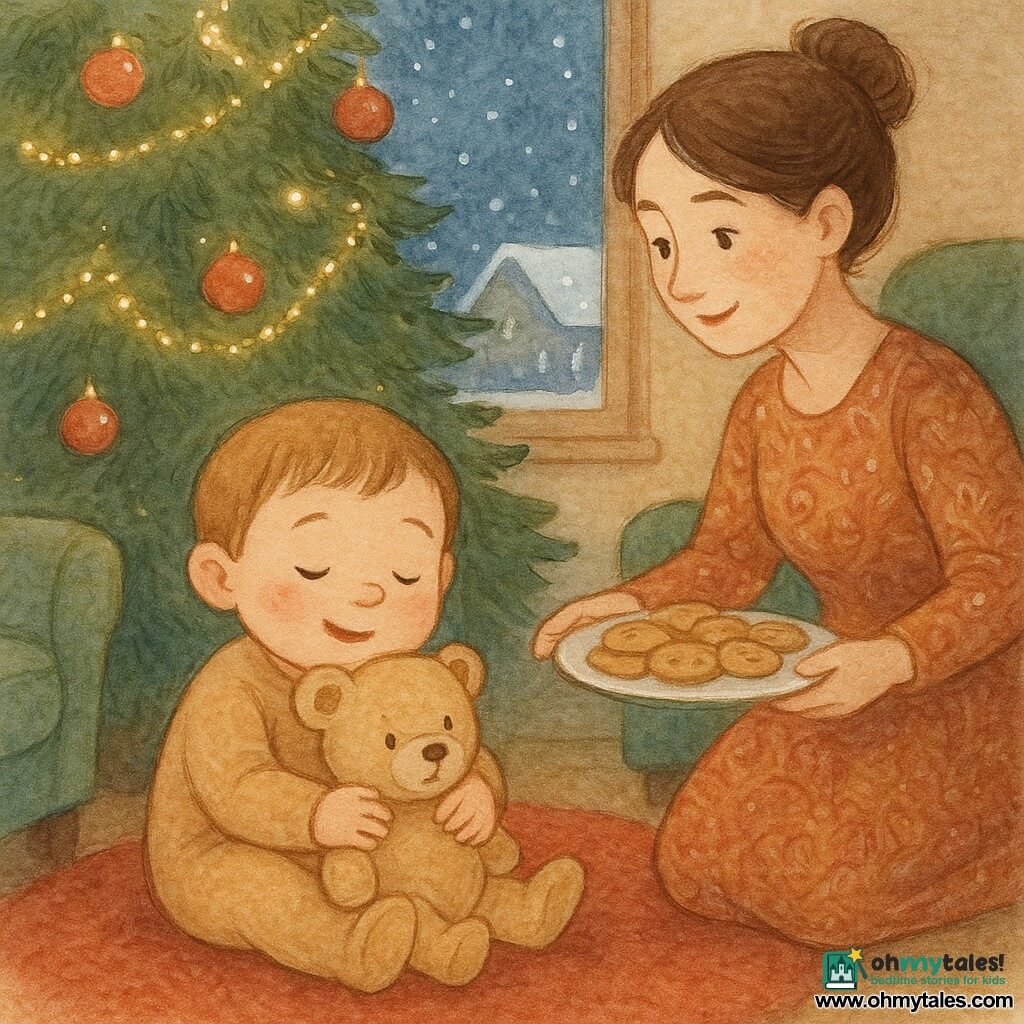 A 2-year-old boy with a round face and rosy cheeks, eyes half-closed and a peaceful smile, clutching a beige teddy bear, sits beside a large fir, yawning in a cuddly posture; his mother (about 30–35, brown hair in a bun, warm patterned dress) stands slightly behind and to his right with a benevolent look, placing a plate of cookies near the tree. The plush teddy with round ears rests in his arms with a gentle expression. The small cozy living room has a red fluffy rug, a green velvet armchair, fir branches decorated with gold garlands and red baubles, and warm twinkling lights; outside the window heavy snowflakes fall on a snow-covered roof. Main scene: Christmas Eve night, calm warm atmosphere, the boy drifting off by the lit tree while his mother leaves cookies for Santa; soft warm palette (red, fir green, beige) with white accents for snow and highlights.