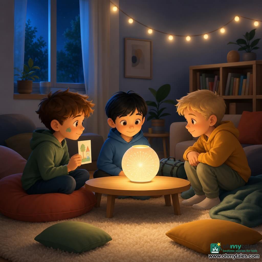 Three boys, nearly eight: Milo, brown messy hair and a paint smudge, sits left on a large cushion holding a small hand-drawn card; Theo, short blond hair, crouches right on a blanket with hands on his knees, smiling gently; Sam, straight black hair with a rolled backpack nearby, sits center in front of the table looking at the lantern. They are in a warm nighttime living room with bluish window light, a cream rug, a light wood coffee table, cushions and soft string lights; a round paper lamp on the table casts a soft yellow-orange glow. The three are gathered around a white paper "quiet lantern" at the table's center emitting a warm, gentle light; their faces are calm and relaxed, creating a peaceful, cozy atmosphere.