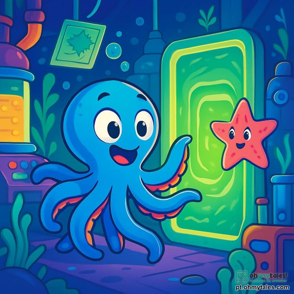 Um jovem polvo azul vibrante, Zig, com seus oito tentáculos ágeis, está diante de uma misteriosa porta flutuante, seus olhos redondos brilhando de excitação e curiosidade. Seus tentáculos se movem, prontos para explorar o desconhecido. Perto dali, uma pequena estrela-do-mar rosa, chamada Lila, com olhos brilhantes e um sorriso travesso, observa a cena com admiração, flutuando ligeiramente acima do chão. Ela parece ansiosa e incentiva Zig a entrar na porta. O cenário é um laboratório submarino futurista, repleto de gadgets coloridos, tubos luminosos e mapas flutuantes, com algas fosforescentes dançando ao redor. Bolhas de ar escapam das máquinas, criando uma atmosfera mágica e dinâmica. Zig, intrigado, se prepara para agarrar a misteriosa porta flutuante que emite um brilho verde intenso, pronto para mergulhar em uma nova aventura interdimensional.