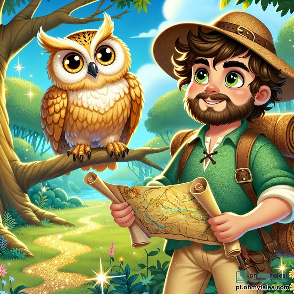 No centro da imagem, Alarico, um homem de cerca de trinta anos, com cabelos castanhos cacheados e uma barba bem aparada, exibe um sorriso caloroso e determinado. Ele veste uma túnica verde de linho e calças beiges, segurando um mapa antigo nas mãos, observando o horizonte com olhos brilhantes de excitação. À sua direita, uma coruja majestosa, com penas douradas e olhos brilhantes, está empoleirada em um galho, olhando para Alarico com gratidão, parecendo pronta para lhe dar conselhos em sua busca. Ao fundo, uma floresta encantada se estende à vista, com árvores de troncos grossos e folhas verdes vibrantes, enquanto flores coloridas pontilham o solo. Um riacho cintilante serpenteia pela paisagem, adicionando um toque de magia à cena. A situação principal mostra Alarico e a coruja se preparando para partir em uma aventura, determinados a encontrar o caminho do dragão perdido, com um sentimento de esperança e camaradagem no ar.