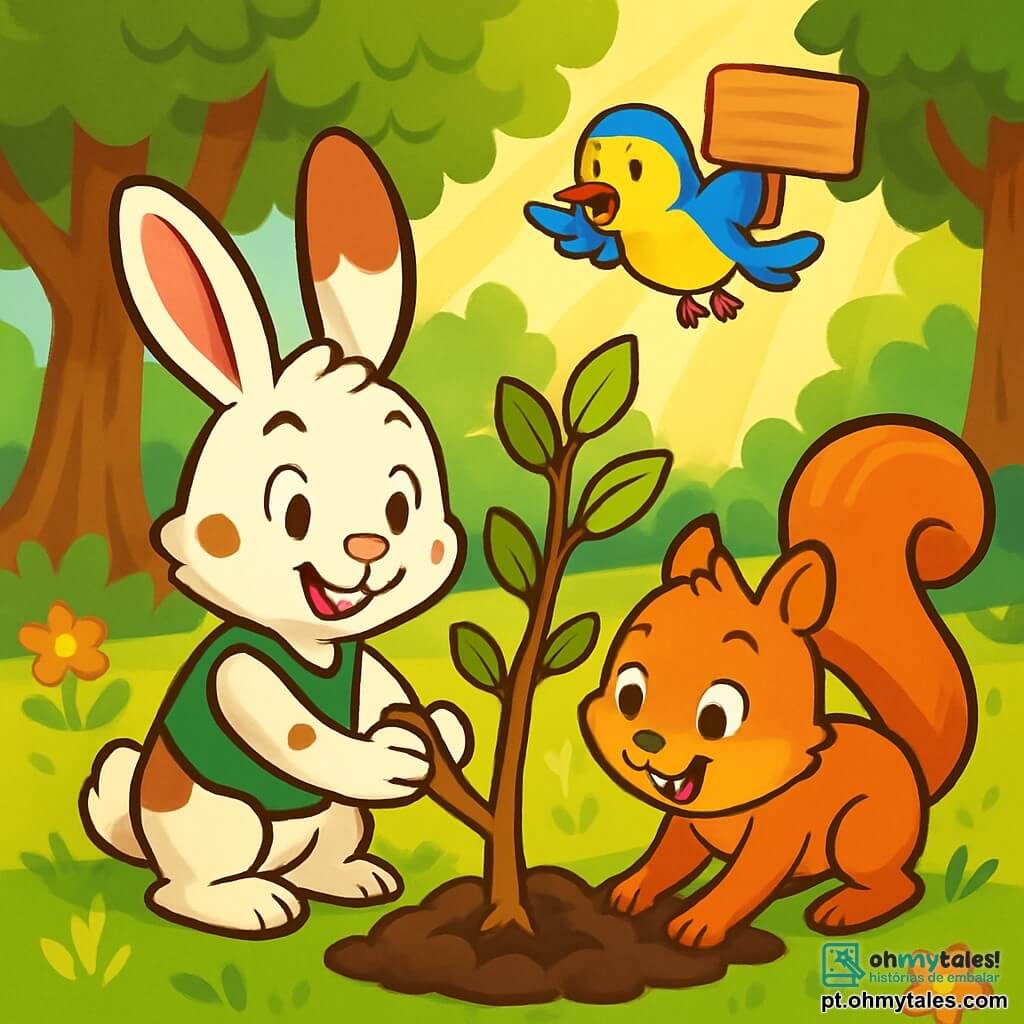 Um coelhinho travesso chamado Lino, com pelagem branca e manchas marrons, orelhas grandes e olhos brilhantes de excitação, está plantando uma jovem árvore em um solo rico e úmido. Ele veste um colete verde e sorri radiante, mostrando sua determinação em ajudar a natureza. Ao lado dele, uma esquilinha travessa chamada Sara, com pelagem ruiva e cauda fofa, cava um buraco com suas patinhas, exibindo uma expressão alegre e entusiasmada. Um pássaro colorido chamado Pedro, com penas amarelas e azuis, voa acima deles segurando um pequeno painel de madeira com a inscrição "Eu amo a natureza!" e cantando alegremente. O local é uma linda floresta verdejante, cheia de árvores majestosas, flores coloridas e raios de sol filtrando através das folhas, criando uma atmosfera calorosa e acolhedora. A cena principal mostra Lino e seus amigos unidos em um esforço alegre para plantar árvores, simbolizando seu compromisso em proteger o meio ambiente e tornar sua cidade mais verde.