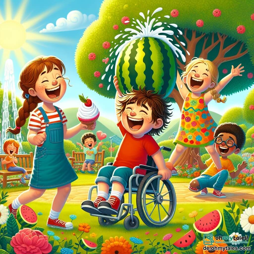 In einem sonnigen Park bereiten sich vier Freunde auf einen lustigen Wettbewerb vor. Max, ein 8-jähriger Junge mit zerzausten braunen Haaren und einem roten T-Shirt, lacht laut, während er eine große Wassermelone auf seinem Kopf balanciert. Neben ihm versucht Leni, ein 7-jähriges Mädchen mit geflochtenen blonden Haaren in einem bunten Kleid, ihr Gleichgewicht zu halten und macht sich über Max lustig. Tim, ein 9-jähriger Junge mit Brille und braunen Haaren, singt auf einem Bein stehend, sein Gesicht ist mit Schlagsahne bedeckt. Schließlich lächelt Mia, ein 8-jähriges Mädchen im Rollstuhl, fröhlich mit erhobenen Armen, umgeben von bunten Blumen und Lachen. Der Park ist voller strahlender Blumen und majestätischer Bäume, mit einer großen alten Eiche in der Mitte, unter der sich die Freunde versammelt haben, um ihren Wettbewerb zu beginnen. Der Himmel ist blau mit flauschigen weißen Wolken, während Vögel fröhlich singen. Die Hauptsituation zeigt die Freunde mitten in ihrem verrückten Wettbewerb, jeder bemüht sich, lustige Herausforderungen zu meistern, wie das Singen im Gleichgewicht zu halten oder Kekse aus Sahneplatten zu fangen, alles in einer Atmosphäre von Lachen und Kameradschaft.