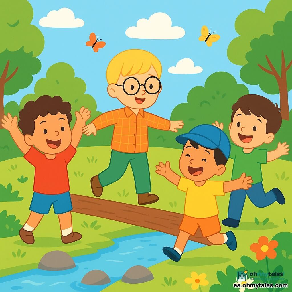 Hay 4 niños: - Lucas: un niño de 8 años, con cabello castaño y rizado, que lleva una camiseta roja y un pantalón corto azul. Está a la izquierda, sonriendo y levantando los brazos, lleno de entusiasmo. - Mateo: un niño de 7 años, con cabello rubio y gafas redondas, vestido con una camisa a cuadros y un pantalón verde. Está en el centro, caminando sobre una rama, como un equilibrista. - Nico: un niño de 6 años, con cabello negro y una gorra azul, que lleva una camiseta amarilla y pantalones cortos naranjas. Está a la derecha, saltando alegremente, con los brazos abiertos, listo para cruzar. - Tomás: un niño de 8 años, con cabello castaño y mucha energía, vestido con una camiseta verde y jeans. Está detrás de Mateo, riendo y haciendo gestos para animar a sus amigos. El lugar es un parque soleado, con un pequeño arroyo brillante en el medio, rodeado de árboles verdes y flores coloridas. El cielo es azul con algunas nubes blancas esponjosas, y mariposas vuelan a su alrededor. La situación principal muestra a los niños cruzando un "puente invisible" que han imaginado, riendo y divirtiéndose, con expresiones de alegría en sus rostros. Están en plena acción, cada uno dando un paso audaz en el aire, como si desafiaran la gravedad.