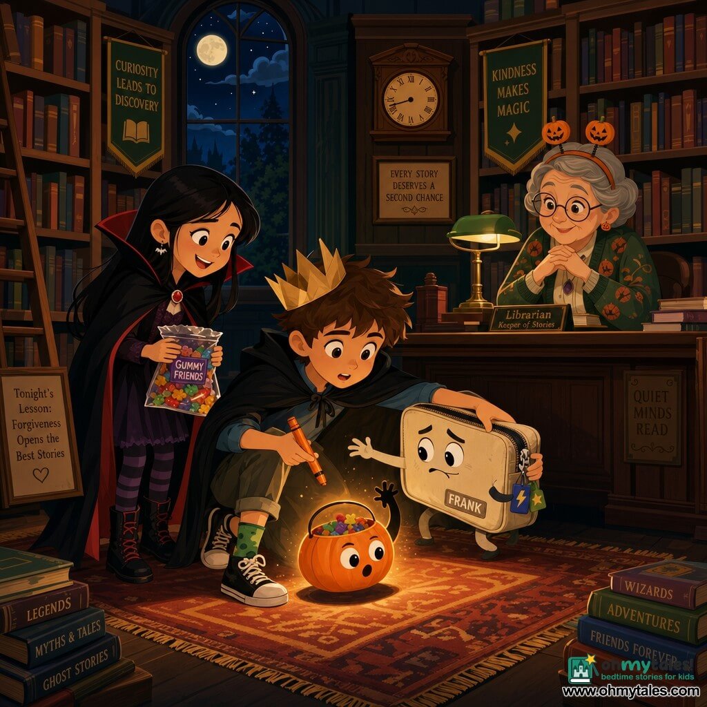 Frank, a square sewn fabric pencil case who seems brave but a little anxious—beige with a shiny zipper and small colorful tags—sits under Leo’s arm reaching for an orange marker. Leo, a ten-year-old in a makeshift costume (black cape, paper crown, mismatched socks), kneels before a small pumpkin bucket, determined and amazed, hand outstretched toward the marker. Mia, a little girl dressed as a vampire, is joyful and generous, holding a bag of gummy candies and smiling slightly left behind Leo. Mr. Tumble, an animated small pumpkin bucket with googly eyes and a tiny shadow hand, is mischievous and shy, glowing a soft orange and inching back on the library carpet. The librarian, an elderly woman in a patterned vest and mini-pumpkin headband, is kind and observant, standing behind a wooden desk with a warm smile. Setting: an old indoor library at night with tall wooden shelves, colorful books, an antique wall clock, warm light and an orange halo cutting shadows on a worn rug. Main moment: the return of the stolen orange marker—an atmosphere of discovery and forgiveness, characters gathered in a circle around the glowing pumpkin bucket, warm (orange, yellow) and cool (midnight blue, deep green) color contrasts, composition centered on the marker exchange.