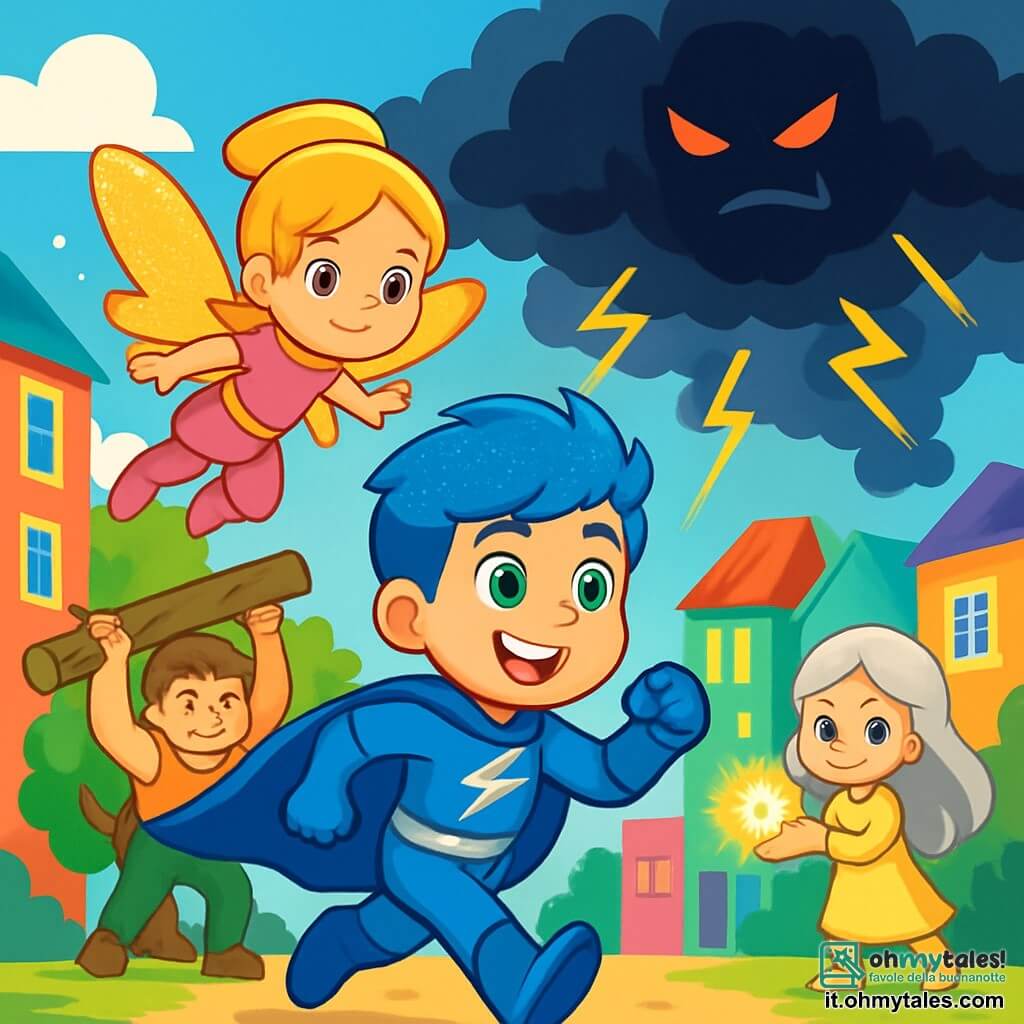 Fulminix, un giovane con capelli blu scintillanti, corre con un grande sorriso e occhi verdi brillanti di eccitazione. Indossa un costume da supereroe blu e argento, con un mantello che fluttua dietro di lui. Accanto a lui c'è Stella, una ragazza dai capelli dorati, che fluttua nell'aria con le braccia aperte e uno sguardo determinato. Indossa un costume rosa vivo con ali scintillanti. Sullo sfondo, Gigante, un ragazzo muscoloso, solleva un albero caduto, mostrando la sua forza, mentre Lumina, una giovane con capelli argentati, illumina la scena con una luce dolce dalle mani. Il panorama è una città colorata con edifici alti a facciate arcobaleno e alberi dalle foglie multicolori, sotto un cielo blu chiaro con nuvole bianche. La scena principale mostra Fulminix e i suoi amici uniti, pronti ad affrontare Ombra Nera, un supercattivo misterioso che si nasconde dietro nuvole scure, lanciando fulmini. L'atmosfera è piena di energia e avventura, con un tocco di magia nell'aria.