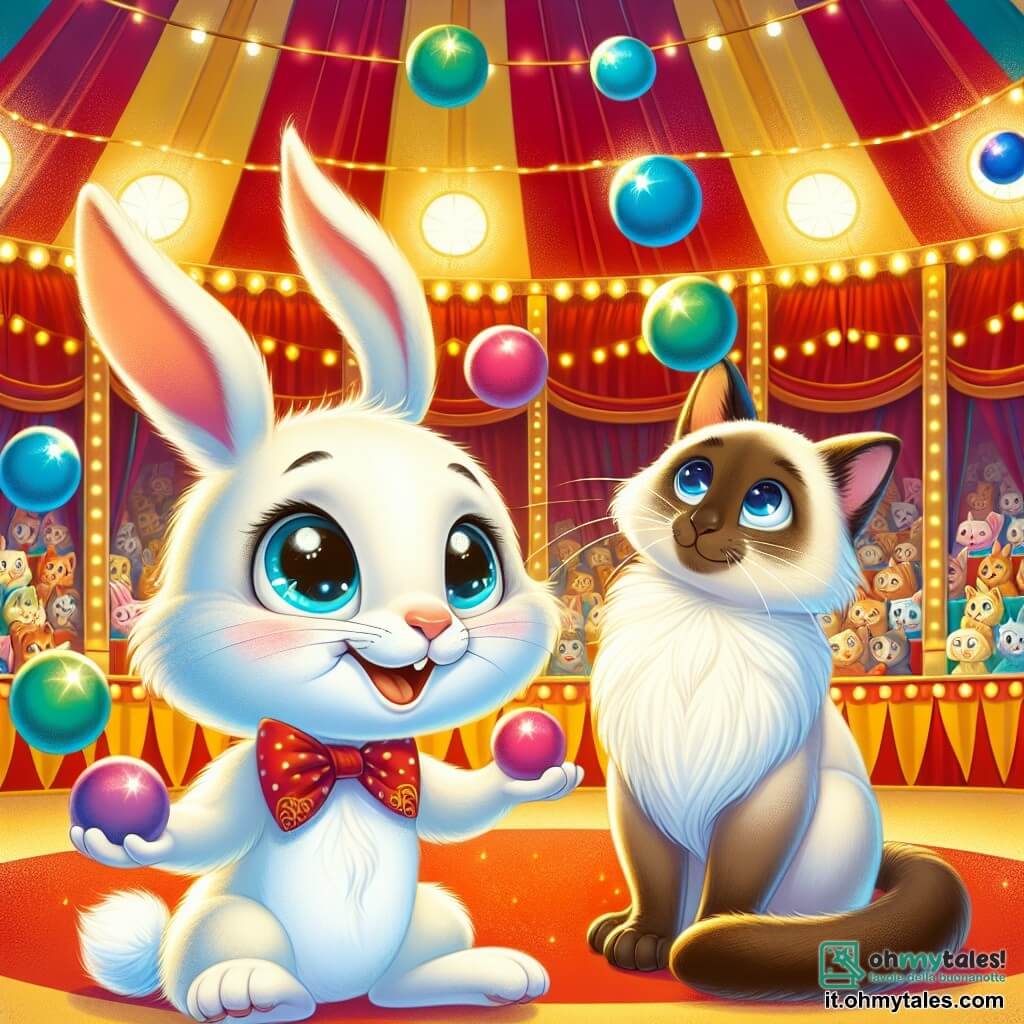 Un coniglio bianco dalle grandi orecchie e con occhi curiosi sta jonglando felicemente con palline colorate, sorridendo. Accanto a lui, un elegante gatto siamese con pelo crema e occhi blu osserva con orgoglio, lanciando palline in aria con un'espressione concentrata. La scena si svolge sotto un grande tendone da circo rosso e giallo, illuminato da luci scintillanti, con spettatori entusiasti che applaudono e ridono. Al centro dell'illustrazione, il coniglio e il gatto siamese sono in piena esibizione, creando un'atmosfera di magia e gioia in questo mondo fiabesco del circo.