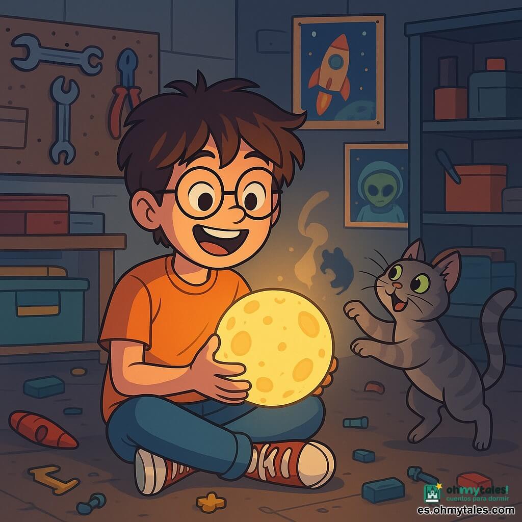 Un niño de 12 años, Óscar, con cabello castaño alborotado y gafas redondas, muestra una amplia sonrisa de asombro. Está sentado en el suelo de su garaje, rodeado de piezas de juguetes esparcidas, contemplando su lámpara lunar que brilla intensamente, proyectando sombras danzantes en las paredes. A su lado, su gato, Don Gato, un felino de pelaje gris y ojos verdes brillantes, salta para atrapar una sombra en forma de ratón, con una expresión curiosa y juguetona. El garaje está lleno de trastos: herramientas colgadas, cajas de colores vivos y carteles de ciencia ficción en las paredes. La escena muestra a Óscar riendo a carcajadas, mientras las sombras de la lámpara toman formas divertidas, creando un ambiente alegre y lúdico.
