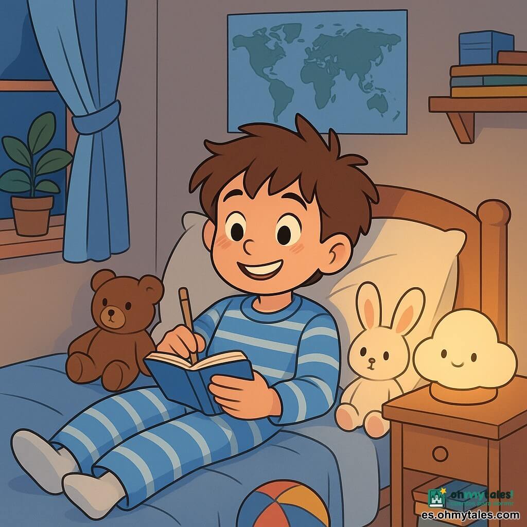 Un niño de 12 años, llamado Mateo, está acostado en su cama, con una amplia sonrisa de satisfacción en su rostro. Tiene el cabello castaño desordenado y lleva un pijama a rayas azul y blanco. Sus ojos brillan de emoción mientras sostiene una pequeña libreta en sus manos, listo para escribir su promesa de descanso. A su lado, una suave luz emana de una lámpara de noche en forma de nube, iluminando la habitación con un brillo cálido. En la pared, hay un póster de mapas del mundo y una planta verde en maceta en la ventana, añadiendo un toque de naturaleza al interior. El lugar es una habitación infantil, decorada con colores pastel, juguetes esparcidos por el suelo y libros apilados en una estantería. La ventana está abierta, dejando entrar una brisa ligera que hace bailar las cortinas. La situación principal muestra a Mateo haciendo un contrato de sueño, rodeado de sus peluches que parecen escucharlo atentamente. Está concentrado y feliz, listo para dormirse pacíficamente después de haber prometido descansar.