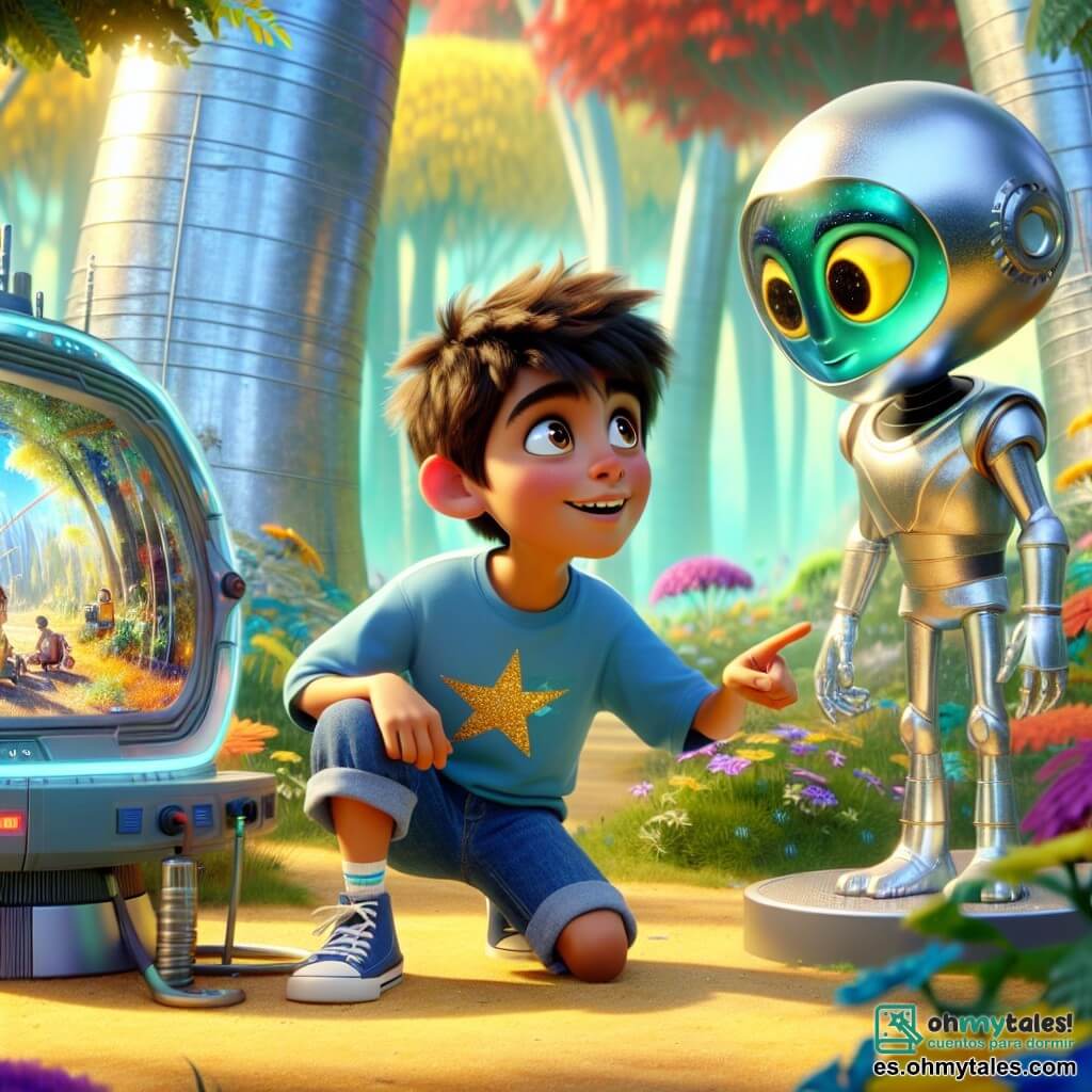 En primer plano, tenemos a **Mateo**, un niño de 11 años con cabello castaño desordenado y ojos brillantes de curiosidad. Lleva una camiseta azul con un patrón de estrellas y un pantalón corto de mezclilla, y está agachado cerca de una pequeña nave espacial, con las manos en las caderas y una expresión de asombro. A su lado está **Zorax**, un extraterrestre alto, con piel verde brillante y ojos amarillos en forma de almendra que brillan como estrellas. Lleva un traje plateado futurista y sonríe cálidamente a Mateo, señalando un panel de control de la nave.

El escenario se sitúa en un claro soleado, rodeado de grandes árboles con troncos plateados y hojas luminosas que parecen brillar. La nave espacial, de metal brillante, está parcialmente oculta por arbustos coloridos, y flores de colores vivos rodean la escena, añadiendo un toque de magia.

La situación principal muestra a Mateo y Zorax trabajando juntos para reparar la nave espacial, con herramientas futuristas esparcidas a su alrededor. Mateo observa atentamente una pantalla de la nave, mientras Zorax le muestra cómo usar un botón que emite luces centelleantes. La atmósfera está llena de emoción y camaradería, ilustrando la amistad entre un niño de la Tierra y un extraterrestre de Oblivia.