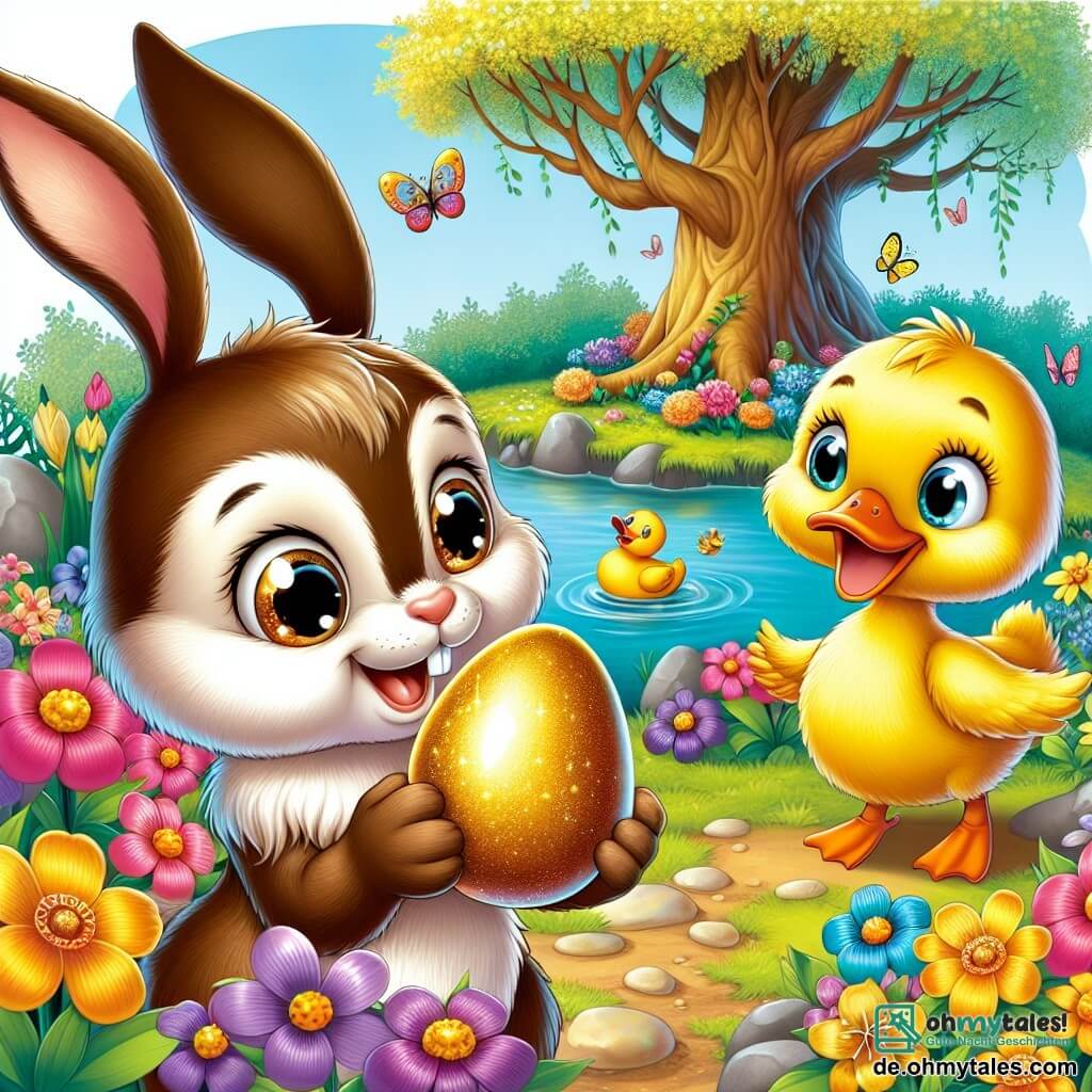 Ein kleiner Hase mit großen Ohren, braunem Fell und neugierigen, funkelnden Augen steht auf seinen Hinterbeinen und hält ein glänzendes goldenes Ei in seinen kleinen Pfoten. Er zeigt ein Gesicht voller Staunen und Freude. Neben ihm schwimmt eine fröhliche Ente mit leuchtend gelbem Gefieder und einem kleinen Strohhut fröhlich in einem kleinen Teich und lächelt den Hasen freundlich an. Sie scheint aufgeregt über das Abenteuer zu sein. Die Szenerie ist ein wunderschöner Frühlingsgarten, gefüllt mit bunten Blumen, schillernden Schmetterlingen und einem majestätischen großen Baum im Hintergrund, dessen Äste mit grünen, glänzenden Blättern bedeckt sind. Die Hauptsituation zeigt den Hasen, der das geheimnisvolle goldene Ei entdeckt, das sanft leuchtet, während die Ente ihn ermutigt, einem farbenfrohen Blumenweg zu folgen, der durch den Garten schlängelt und ein magisches Abenteuer verspricht.