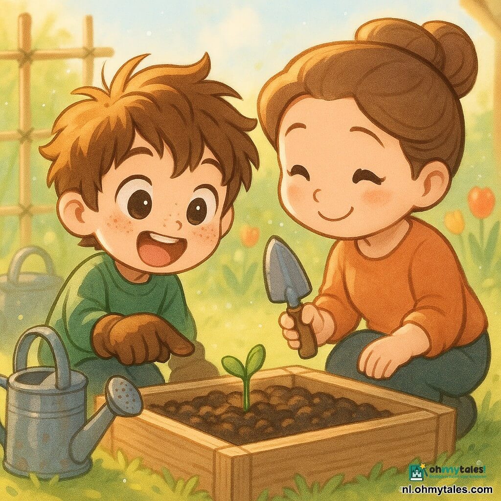 Een 12-jarige jongen met rond gezicht en sproeten, warrig bruin haar en grote glanzende ogen, verwonderd en glimlachend, knielt bij een lichte houten plantenbak en wijst met een met aarde bevlekte handschoen naar een piepkleine groene kiemplant die uit de donkere aarde komt; naast hem een moeder van circa 35–40 jaar met haar in een knot en een zachte glimlach, gehurkt en een glanzend metalen spadeje houdend, liefdevol kijkend naar de spruit; kleine achtertuin met metalen gieter, bamboestokjes en trellis, wazige rode en gele tulpen op de achtergrond; lenteochtendlicht met lange schaduwen en dauwdruppels op de bladeren, rustige vrolijke sfeer, nadruk op de kiemplant en de aarde, kleurpalet van frisse lentegroenen, warm aarde bruin, licht hout en accenten in rood en geel, chibi kawaii-stijl met eenvoudige ronde lijnen, kinderlijke proporties en zacht helder licht.