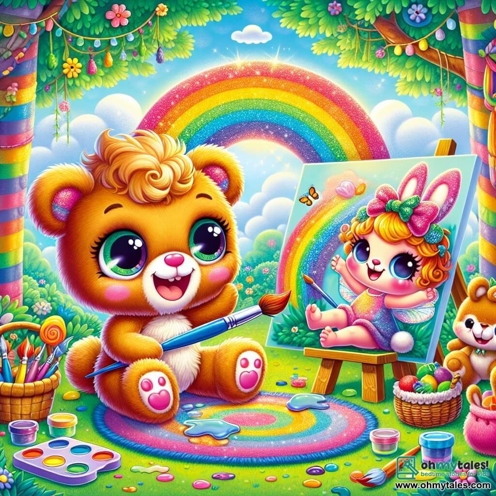 An illustration depicts a small plush character, a boy with bright eyes and fluffy fur, sitting on a colorful rug, looking amazed and joyful, holding a paint palette in his little paws. Next to him, a small fairy, a girl with sparkling wings and curly hair, smiles enthusiastically, holding a brush in her delicate hand, ready to paint. A little rabbit, a boy with big ears and soft fur, joyfully hops nearby, his eyes sparkling with mischief, with a basket full of colorful fruits beside him. The main setting is an enchanted clearing, surrounded by trees with brightly striped trunks, with multicolored flowers dancing in the breeze, and a blue sky dotted with candy-shaped clouds. The main scene shows the plush character and his friends painting a large rainbow on a canvas, filled with joy and creativity, discovering the pleasure of outdoor art, away from screens. Other graphic elements include bright paint pots, splashes of paint on the ground, and laughter that seems to float in the air, creating an atmosphere of happiness and friendship.