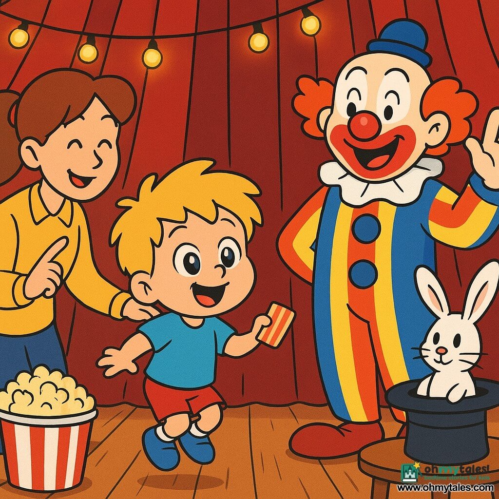 A 2-year-old boy with a round face, tousled blond hair, wide bright eyes and an amazed smile holds a small striped ticket and stands on tiptoe near the stage edge; an adult male clown with colorful makeup, a round red nose and a striped costume with pompoms raises his hand in a joyful salute to the boy at the right near the red curtain; an adult female assistant with chestnut hair in a ponytail and a yellow smock smiles, whispers and points to the stage behind the boy at left; a white rabbit in a black hat with long ears and mischievous eyes sits on a table and hops slightly in front of the curtain; interior of a small circus tent with a wooden floor, pleated red curtain, warm bulb garlands and a popcorn bucket in the foreground — a warm, joyful moment of wonder before the show, centered on the boy watching the stage.