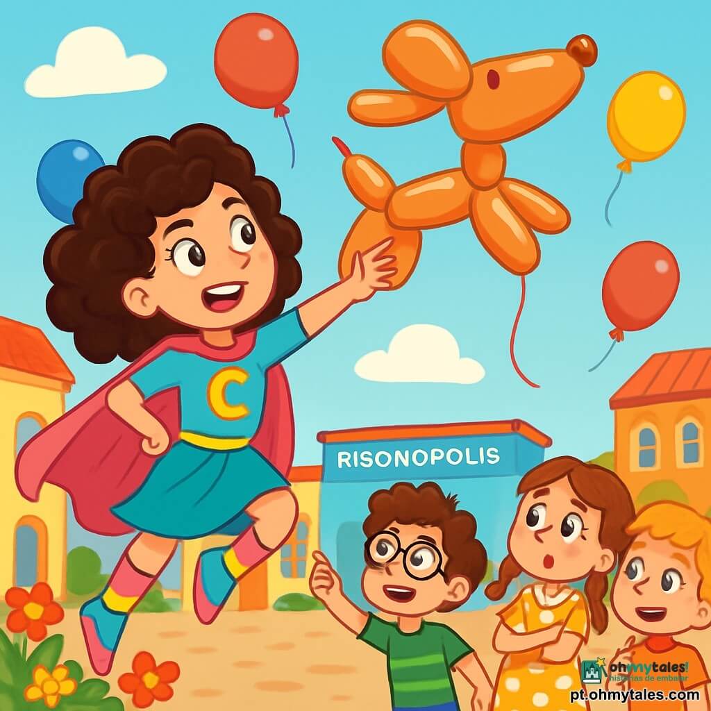 Super Clara, uma mulher heroica com cabelos cacheados e brilhantes, usa uma capa rosa flutuante e botas coloridas. Ela tem um olhar determinado, mas também um sorriso divertido, enquanto se prepara para pegar um balão gigante em forma de cachorro que está voando no céu. Perto dela, um grupo de crianças de cerca de 8 anos observa com os olhos arregalados. Um menino com óculos redondos e cabelos bagunçados aponta para o balão rindo. Uma menina com tranças e vestido de bolinhas, com os braços cruzados, parece ao mesmo tempo preocupada e fascinada pela situação. A cena acontece na praça principal de Risonópolis, cercada por prédios coloridos, flores vibrantes e risadas de crianças. Balões de todas as cores flutuam no ar, acrescentando um toque festivo à atmosfera. Super Clara, pronta para agir, avança em direção ao balão que leva as crianças, com uma expressão ao mesmo tempo cômica e heroica, pronta para salvá-las de uma aventura inesperada.