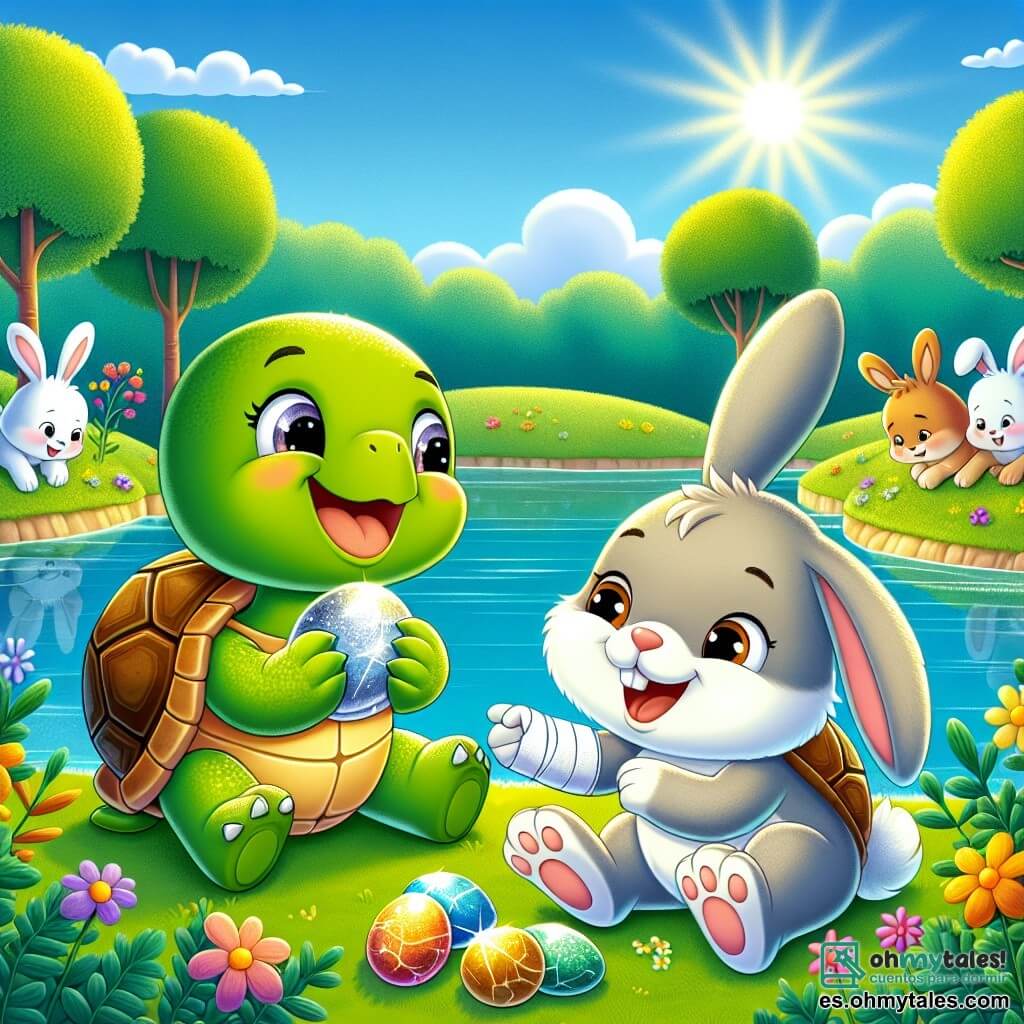 En un rincón del cuadro, una pequeña tortuga llamada Tula, con un caparazón verde y ojos brillantes de curiosidad, sonríe alegremente sosteniendo una piedra brillante en sus pequeñas patas. Junto a ella, un conejito llamado Luis, con pelaje marrón claro y grandes orejas, mira a Tula con una sonrisa radiante. Tiene una pata vendada, pero su mirada está llena de entusiasmo mientras sostiene una hoja verde brillante en sus patas delanteras. El escenario se desarrolla a la orilla de un lago brillante, rodeado de grandes árboles con follaje colorido y flores vibrantes. El sol brilla en un cielo azul claro, creando una atmósfera alegre y acogedora. La situación principal muestra a Tula y Luis, rodeados de varios otros conejitos, todos buscando tesoros en la hierba, riendo juntos y celebrando la tolerancia y la amistad.