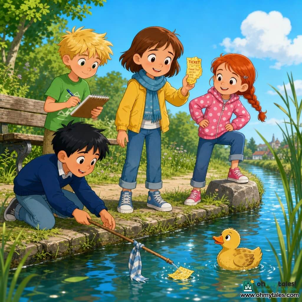 There are five characters: Maya, a ~9-year-old girl with short brown hair and a blue scarf, worried then relieved, holding a crumpled yellow ticket in her right hand, standing near the canal edge; Jake, ~9, tousled blond hair, green t-shirt, notebook and pen, focused, slightly behind left of Maya; Olivia, ~8, red-haired braid, pink polka-dot jacket, hands on hips encouragingly, right of Maya with one foot on a stone; Ben, ~9, short black hair, navy sweater, kneeling at the left front of Maya, reaching a long stick with a scarf tied to the end toward the canal; and a small round duck, bright yellow with light brown spots, swimming near the ticket, head tilted curiously and splashing slightly. Setting: narrow canal bank at morning with shimmering blue-green water, tall grass and reeds, worn wooden bench behind the children and gray stones on the shore, clear sky with a few white clouds. Main action: the four young investigators carefully retrieve a floating yellow ticket using the scarf-on-stick, expressions of joy and teamwork, bright colors, simple textures, composition centered on the water's edge.