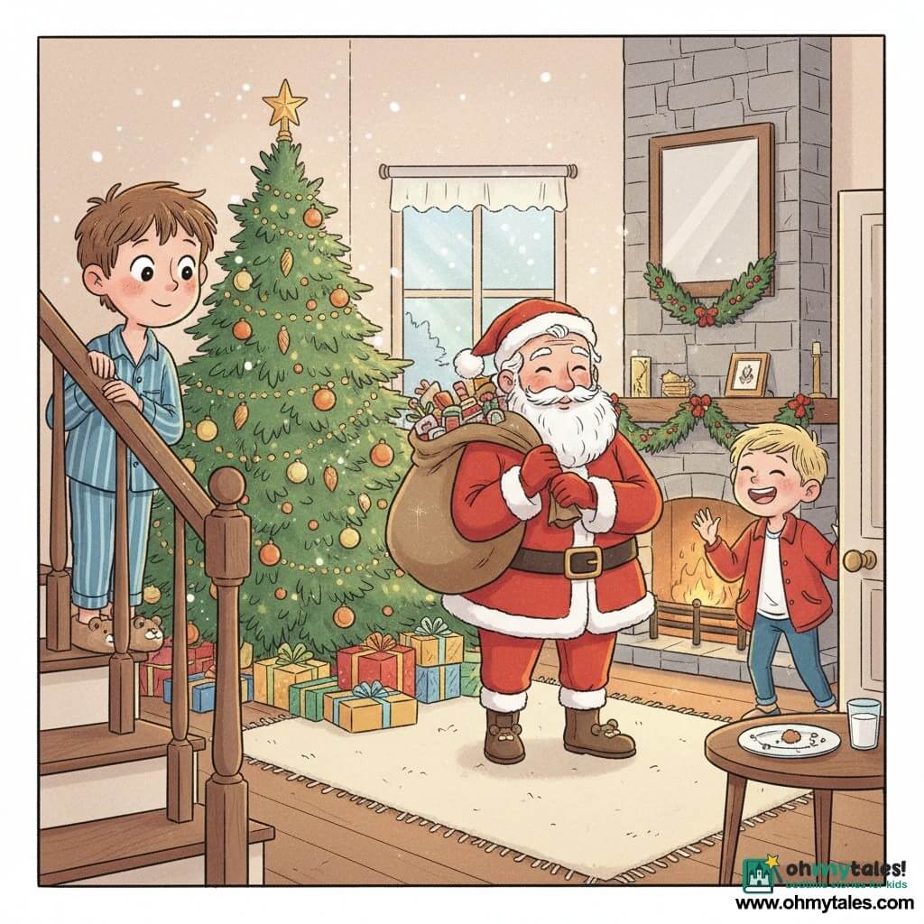 A 10-year-old boy, wide-eyed, shy, tousled brown hair, wearing blue striped pajamas and bear slippers, peeks down the stairs behind the banister; Santa Claus, smiling and warm with a thick white beard and red fur-trimmed coat, stands by a decorated Christmas tree holding a large sack of toys; the boy's 9-year-old friend, excited and laughing with short blond hair and a red jacket hung on a chair, watches from the doorway; the cozy living room has a cream rug, stone fireplace with orange flames, a green tree with gold baubles and lights, holly garlands, presents at the base, cookies and milk on a small table, and a frosted window showing falling snow; golden, soft light from the tree and fireplace creates a peaceful, wondrous Christmas Eve moment with sparkling dust floating around.