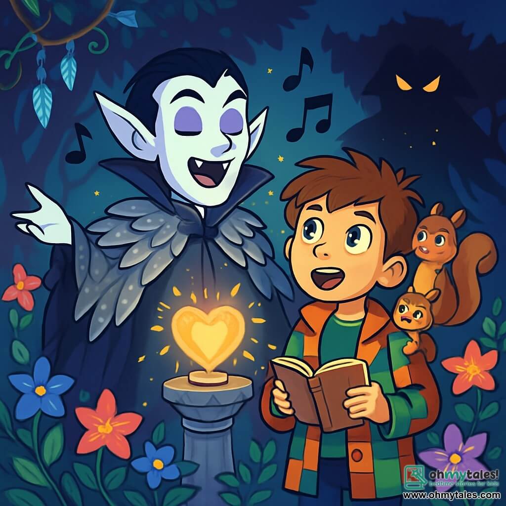 An elegant vampire with moon-like pale skin and bright purple eyes stands in the center of a magical garden filled with starry flowers. He wears a shimmering silver feathered cape and has a soft yet determined expression. Beside him, a 10-year-old boy with messy brown hair and sparkling green eyes admires the vampire. He wears a colorful patchwork coat and holds a notebook, ready to jot down their discoveries. Nearby, a small brown squirrel with bright eyes sits on the boy's shoulder, looking around mischievously. 

The garden is enchanting, filled with vibrant flowers, sparkling vines, and glowing crystals hanging from branches, creating a fairy-tale atmosphere. At the center, an ancient stone pedestal supports a crystalline heart pulsating with golden light. 

The main scene shows the vampire and the boy united, singing together to protect the magical garden from a looming shadow in the background, which is pushed back by the light of their song.