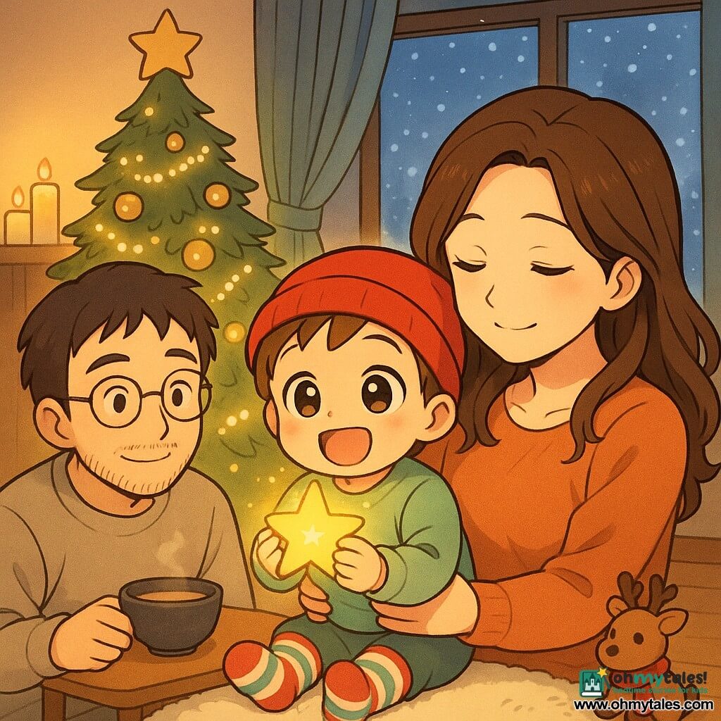 A 2-year-old boy with a wide smile and bright eyes wears a small red hat and striped soft socks, holding a tiny glowing star and gazing in wonder as his mother, about 30 with loose brown hair and a tender expression, cradles him on his right while humming, and his father, about 35 with a light beard and round glasses, stands left placing a warm bowl on a small table and smiling; a toy reindeer with a red scarf sits at the foot of a large decorated Christmas tree with golden baubles and blinking lights in a cozy living room with light wood floors and a cream rug, stylized safe candles on a shelf and a frosted window showing gentle snowfall outside—a warm, calm nighttime moment with golden light on their faces contrasting the cold blue of the snow, creating a soft, reassuring, magical atmosphere.