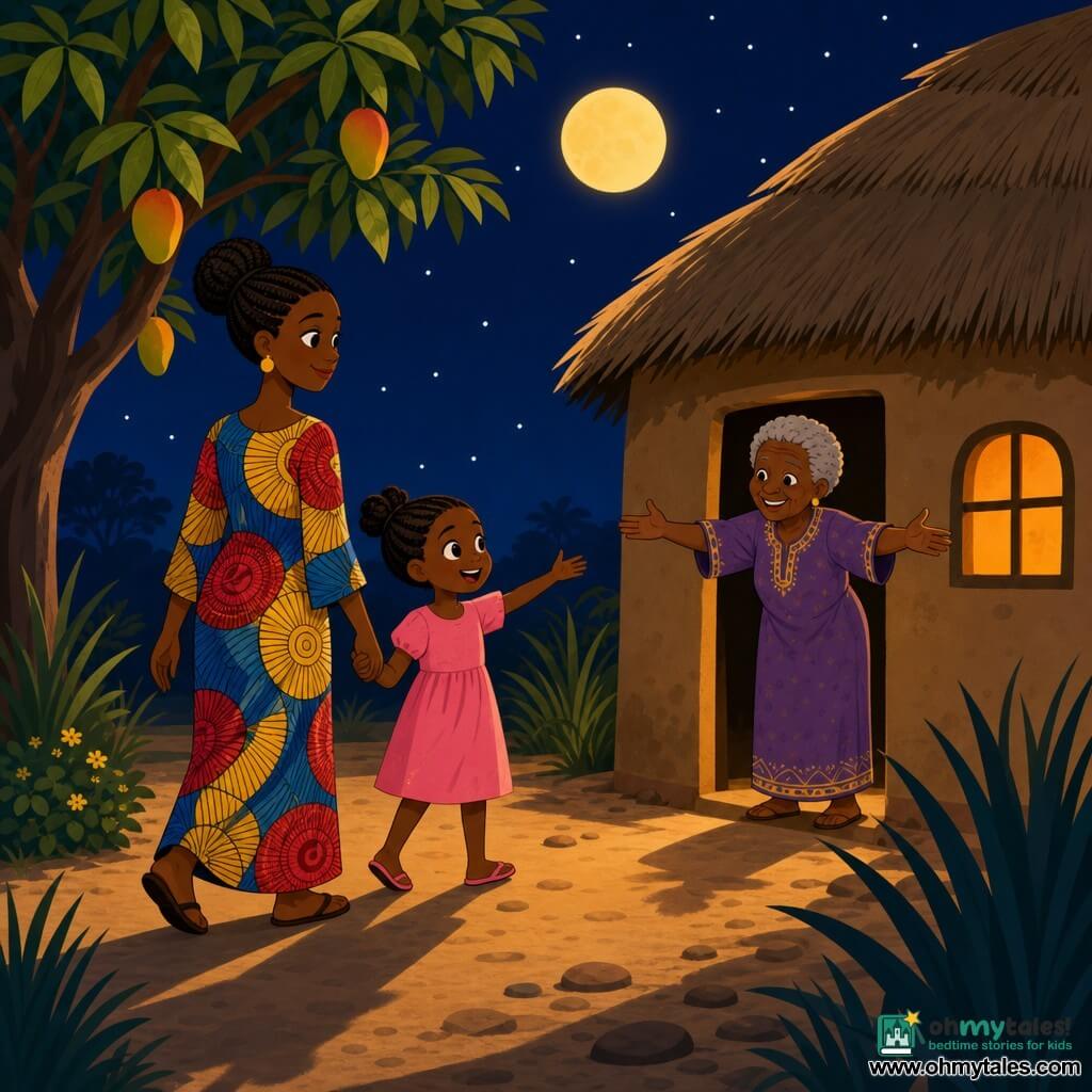 The main character is Mama Awa, a serene smiling woman with warm brown skin and braided bun wearing a long colorful dress with bold yellow, red and blue patterns, walking slowly holding the hand of Nia, a about‑6‑year‑old girl with big round eyes, dark skin and a simple pink dress, who walks to Mama Awa’s left and looks excitedly at the house; Grandma, about 65, with short gray hair and a kindly wrinkled face, stands in the cottage doorway with arms outstretched; a sandy path with a few round stones is bordered by a large broad‑leaf mango tree, a small bush and stylized tall grasses; the night sky is deep blue with a large yellow moon and simple dotted white stars, a cottage window glows warm orange; overall Mama Awa and Nia walk hand in hand toward Grandma’s house under the moon in a soft, reassuring scene with long shadows, simple shapes and flat contrasting colors.