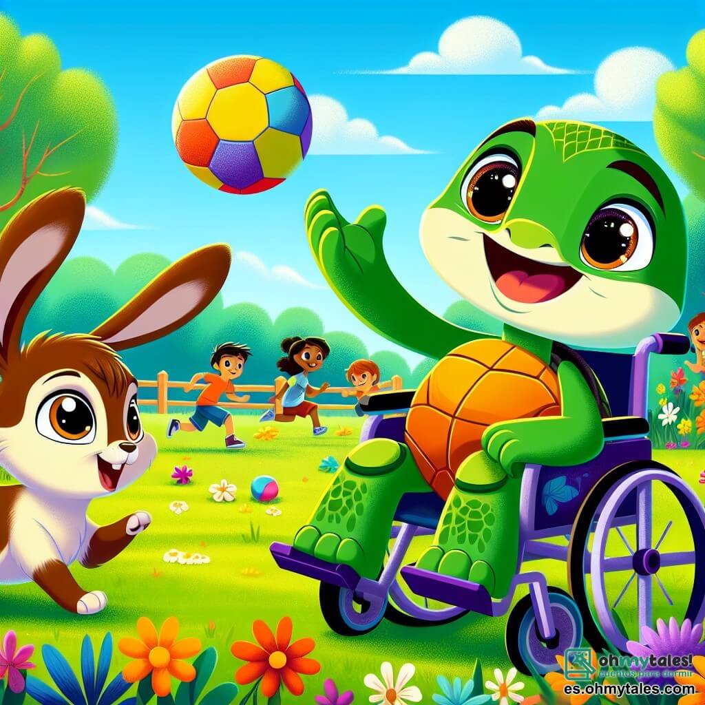 Tico, una pequeña tortuga con un caparazón verde brillante y ojos chispeantes de alegría, está sentado en su silla de ruedas, lanzando una pelota colorida con una gran sonrisa en su rostro. Lila, una liebre de grandes orejas y pelaje marrón claro, corre rápidamente para atrapar la pelota, con una expresión de emoción en su rostro. Pipo, un pato de plumas amarillas y pico naranja, está cerca de Tico, animándolo con una mirada amigable y una cálida sonrisa. Coco, un perro de pelo marrón y ojos cariñosos, está justo detrás de Lila, listo para ayudarla a traer la pelota. La escena tiene lugar en un parque soleado, lleno de flores coloridas y árboles verdes, con un cielo azul claro y algunas nubes blancas esponjosas. Niños juegan alrededor, añadiendo a la atmósfera alegre. La situación principal muestra a Tico lanzando la pelota con entusiasmo, rodeado de sus amigos que lo animan, ilustrando así la importancia de la amistad y la inclusión en el juego.