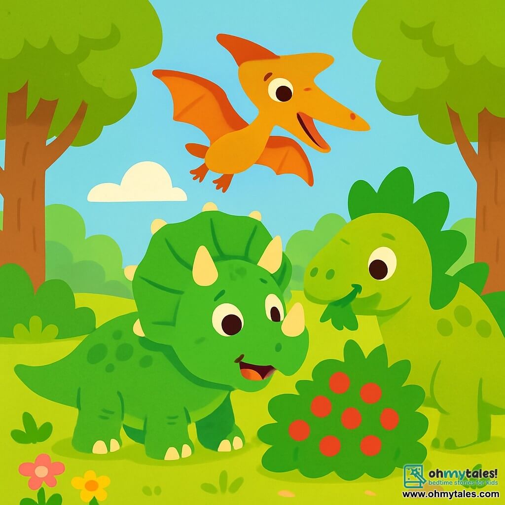 A triceratops named Tino, with green skin and shiny scales, stands happily in a sunny clearing. His three sharp horns and large frill are clearly visible, and he has a curious, playful smile. Next to him, a Pteranodon named Pippa, with large orange wings and a long beak, joyfully flies in the air, her eyes sparkling with joy. A Stegosaurus named Sef, with green plates on his back and a friendly look, stands near Tino, munching on leaves from a tree. The clearing is surrounded by tall trees with thick trunks and colorful flowers dancing in the gentle breeze. The ground is covered with soft grass and shiny pebbles. In this scene, Tino, Pippa, and Sef are together discovering a large bush with red berries, laughing and having fun while counting the berries, creating a joyful and friendly atmosphere.