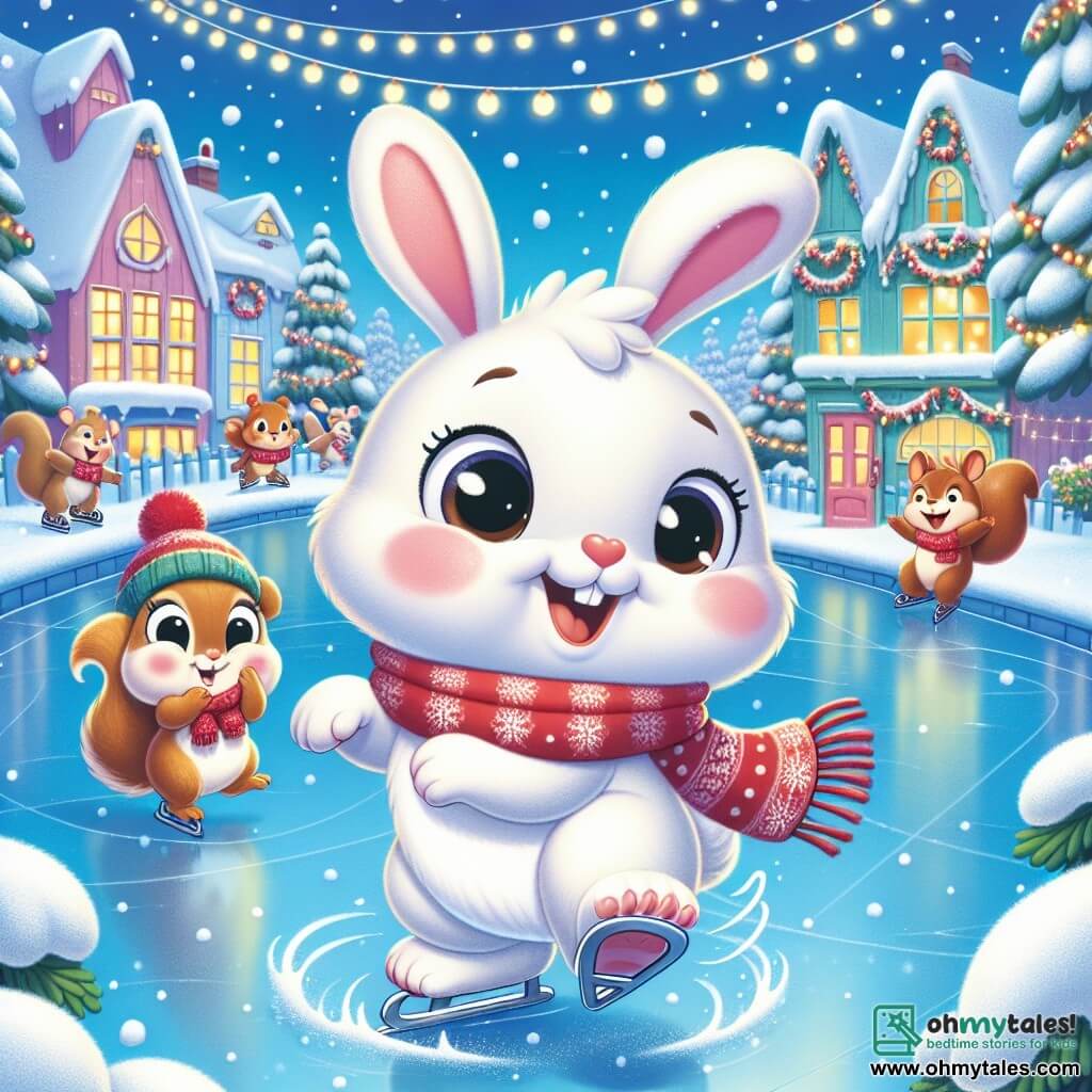A little white rabbit named Benny, with big round eyes and pink cheeks, joyfully glides on an outdoor ice rink, a big smile lighting up his face. He wears a red scarf that flutters in the wind, and his little paws excitedly move on the shiny ice. Beside him, his best friend, Molly the little squirrel with brown fur and sparkling eyes, claps and laughs while trying to imitate him. She is perched on the edge of the rink, her little paws raised, full of energy and encouragement. The setting is a charming snowy village, with houses topped with snow, pine trees decorated with lights, and snowflakes gently falling from the light blue sky, creating a magical and festive atmosphere. Benny and Molly are having fun together, discovering the joys of ice skating, surrounded by the glow of Christmas lights and the beauty of an enchanting winter landscape.