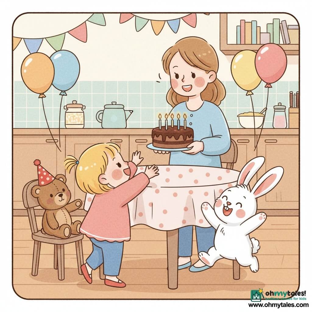 A radiant 2-year-old girl with short blonde pigtails, round cheeks and bright eyes stands on tiptoe reaching for a chocolate cake while her smiling mother with chestnut hair holds the lit-candle cake behind a round table; a small brown teddy bear named Mr. Cuddles wearing a red party hat sits on a chair to the left and a fluffy white rabbit named Benny with pink ears hops enthusiastically to the right; the warm kitchen has a light wood countertop, pastel tiles, colorful garlands and balloons, a polka-dot tablecloth, and a soft, bright, festive atmosphere rendered in gentle colors, rounded lines and slightly felted textures suitable for toddlers.