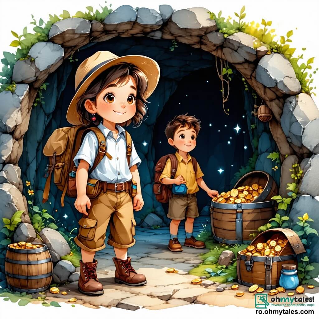Ana, o tânără de aproximativ 12 ani, stă în centrul imaginii, cu părul castaniu ondulat și ochii strălucind de curiozitate. Ea poartă o vestă de explorator plină de buzunare, o pălărie de paie și un rucsac în spate. Fața ei exprimă o mare excitație în timp ce descoperă o cameră secretă plină de comori. Lângă ea, Alex, un băiat de 12 ani cu părul blond în dezordine și ochelari rotunzi, examinează un jurnal vechi cu o privire uimită. Decorul este o cameră misterioasă, cu pereți din piatră acoperiți de inscripții vechi și vițe verzi. Razele de lumină filtrează prin fisuri în tavan, iluminând artefacte strălucitoare și o ladă mare din lemn în centrul camerei. Situația principală arată cum Ana și Alex descoperă împreună o comoară ascunsă, înconjurați de relicve vechi, în timp ce o atmosferă de aventură și mister plutește în aer.