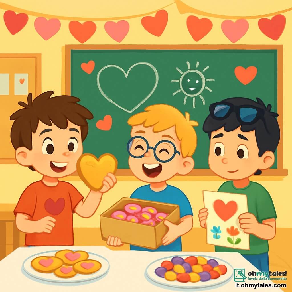 Ci sono 3 personaggi: Marco, un ragazzo di 8 anni con capelli castani disordinati, indossa una maglietta rossa con un cuore disegnato sopra. È in piedi a sinistra, sorridente e tiene un grande biscotto a forma di cuore. Luca, un ragazzo di 8 anni con capelli biondi e occhiali rotondi, indossa una maglietta blu. Si trova al centro, ridendo e tiene un cartone pieno di piccoli biscotti decorati con glassa rosa. Giovanni, un ragazzo di 8 anni con capelli neri e occhiali da sole sulla fronte, indossa una maglietta verde. È a destra, un po' timido, e tiene un grande biglietto colorato con una poesia scritta sopra. La scena si svolge in un'aula decorata per la festa di San Valentino, con muri ornati da ghirlande di cuori di carta rossa e rosa e tavoli coperti da tovaglie bianche con piatti pieni di biscotti colorati e caramelle. I tre amici scambiano biscotti e cartoline, circondati da risate e sorrisi. Marco mostra orgogliosamente il suo biscotto a forma di cuore, mentre Luca condivide le sue dolcezze con entusiasmo e Giovanni, un po' nervoso, presenta la sua poesia a una compagna. L'atmosfera è piena di gioia e amicizia, con scoppi di risa che risuonano nella stanza.