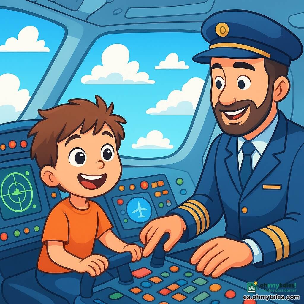 Un joven llamado Lucas, con ojos brillantes y cabello castaño desordenado, está sentado en el asiento del copiloto de un avión. Su rostro irradia emoción y asombro mientras observa los instrumentos de vuelo. A su lado, su tío Carlos, un hombre de unos cuarenta años con barba cuidada y uniforme de piloto azul, sonríe orgulloso mientras le muestra los controles. Están en la cabina de un avión moderno, rodeados de botones coloridos, pantallas luminosas y una vista espectacular de un cielo azul con nubes blancas. La imagen muestra a Lucas descubriendo el fascinante mundo de la aviación, con una mirada curiosa y las manos en los controles, listo para aprender a volar.
