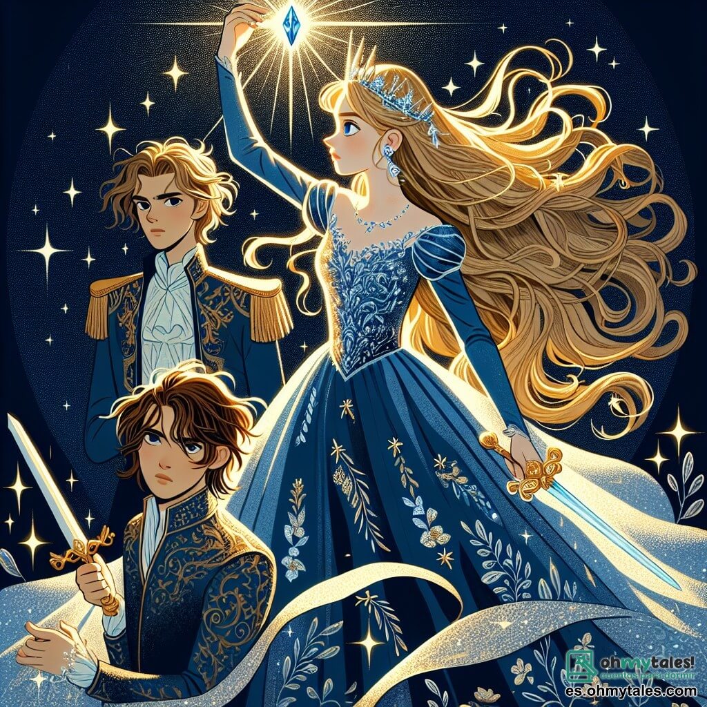 La princesa Elara, una joven de unos 16 años, tiene largos cabellos dorados que brillan como el sol y lleva un elegante vestido de terciopelo azul, adornado con motivos florales brillantes. Muestra una expresión de determinación y coraje, levantando el Cristal del Conocimiento sobre su cabeza, iluminando su rostro con una suave luz. A su lado está Calen, un joven de 18 años, con cabello castaño desordenado y ojos llenos de valentía. Empuña una espada brillante, listo para defender a la princesa, y se mantiene ligeramente detrás, cuidándola con una expresión protectora. Miriel, una sabia bruja de unos 30 años, está al otro lado de Elara. Tiene largos cabellos plateados y lleva un vestido fluido adornado con símbolos mágicos. Levanta su bastón brillante, lista para conjurar un hechizo, con una mirada concentrada y decidida. La escena se desarrolla en la cima de la Montaña del Susurro, un lugar majestuoso rodeado de nubes flotantes y rocas brillantes. El cielo es de un azul profundo, salpicado de estrellas brillantes, y un portal de piedra antigua, cubierto de runas luminosas, se erige detrás de ellos, emitiendo un resplandor místico. La situación principal muestra a Elara, Calen y Miriel unidos frente a una sombra amenazante que se perfila ante ellos, lista para desafiarlos. La luz del cristal de Elara ilumina la escena, simbolizando la esperanza y el valor en un momento de tensión palpable.