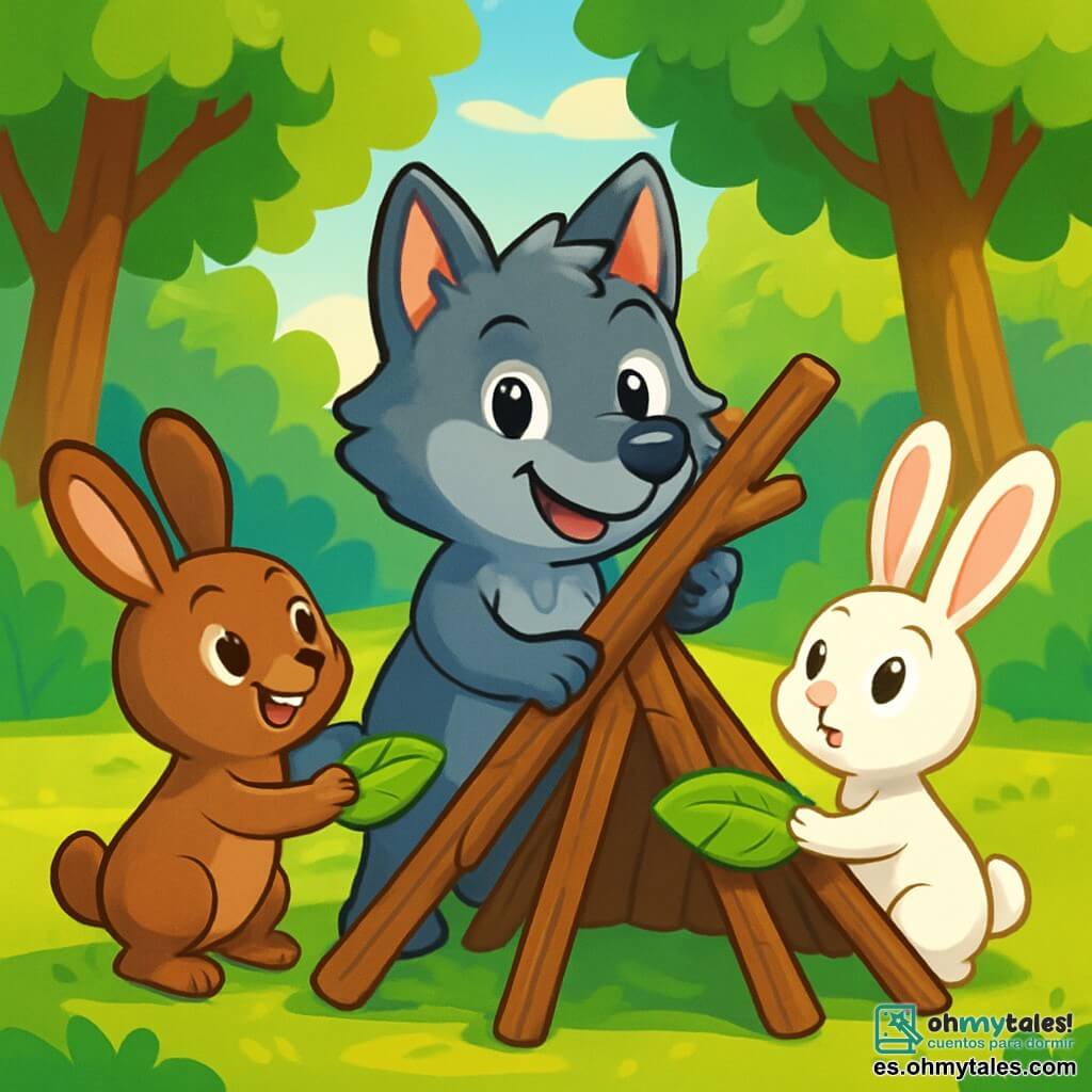 Un pequeño lobo llamado Lupo, con un pelaje gris brillante y ojos curiosos, se encuentra en el centro de un claro del bosque, mostrando una sonrisa confiada y alegre. Está ayudando a un grupo de pequeños conejos a construir una cabaña de madera, usando sus patas para sostener una gran rama. A su derecha, un pequeño conejo blanco de grandes orejas, con una mirada asombrada y agradecida, sostiene una hoja para estabilizar la estructura. A la izquierda, otro conejo marrón, con ojos chispeantes, se prepara para añadir hojas al techo, mostrando su entusiasmo. El lugar es un claro verde, rodeado de grandes árboles con troncos robustos y hojas de un verde brillante, con rayos de sol filtrándose a través de las ramas, creando una atmósfera cálida y acogedora. La escena principal muestra a Lupo, lleno de determinación y felicidad, colaborando con sus amigos para construir juntos, ilustrando así la importancia de la ayuda mutua y la confianza en uno mismo.
