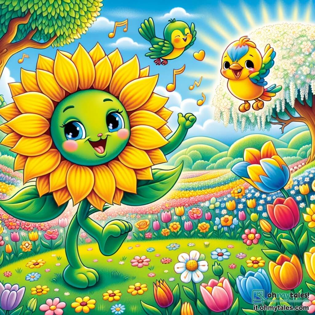 Un giovane girasole di nome Verde, con grandi petali gialli brillanti e un cuore marrone dorato, danza felicemente sotto il sole radioso, mentre le sue foglie verdi vibranti ondeggiano al ritmo della musica primaverile. Accanto a lui, un piccolo passerotto dalle piume colorate, con un'aria giocosa, vola attorno a lui, cantando allegramente e portando un tocco di magia alla scena. Sullo sfondo, un campo di fiori multicolori si estende a perdita d'occhio, con tulipani, margherite e papaveri che danzano nel vento, mentre un grande melo, carico di fiori bianchi, si erge maestoso. La scena principale mostra Verde e il passerotto che celebrano insieme la festa di primavera, circondati dalla bellezza della natura, creando un'atmosfera gioiosa e festosa.