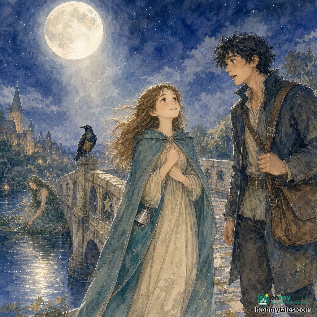 Principessa di circa 12 anni dallo sguardo sereno e timido, vestito crema semplice e mantello blu-verde di lana, mani sul petto e sorriso rivolto alla luna, con una piccola campanella d'argento nella tasca e capelli castano chiaro mossi dal vento; un giovane messaggero di ~18 anni, capelli neri arruffati e abiti da corriere un po' sporchi, bussola in spalla, accanto a lei sul ponte con aria sollevata e sorpresa; una guardiana del fiume di ~30 anni con capelli verdi, inginocchiata sul bordo a togliere foglie (sullo sfondo a sinistra); un corvo bibliotecario nero lucido posato sulla balaustra che osserva; luogo: antico ponte in pietra chiara con balaustre scolpite a stelle e muschio, sopra acqua calma che riflette la luna piena; cielo indaco con leggere nubi e un largo raggio argentato che illumina il ponte; atmosfera calma e benevola, colori pastello acquerellati, luci soffuse e riflessi con evidenziazioni bianche, trame di pietra e tessuto percepibili; scena principale: la principessa e il messaggero al centro del ponte mentre lei rivolge un saluto umile e riconoscente alla luna, la guardiana lavora e il corvo osserva.