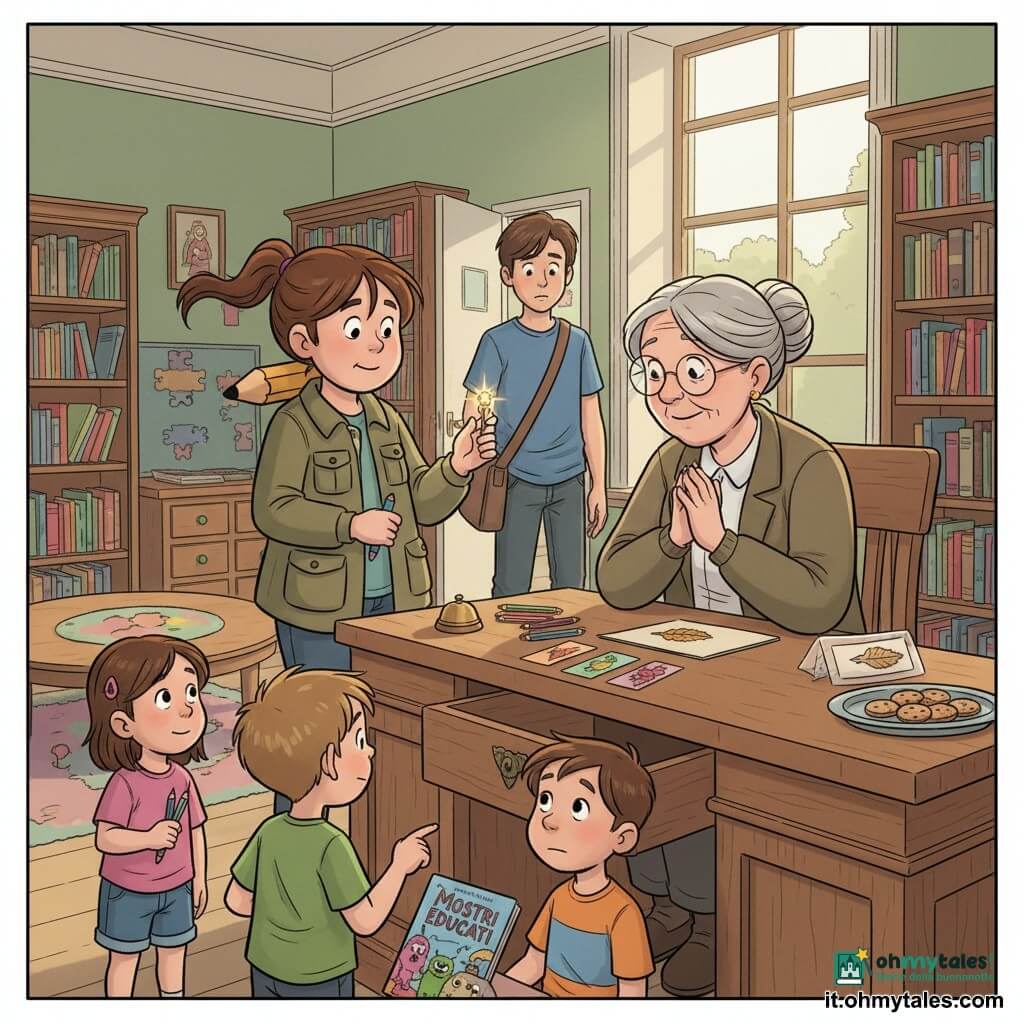Lina, giovane detective (circa 12–14 anni), appare serena e concentrata, viso rotondo, treccia alta, giacca kaki con grandi tasche e una matita dietro l’orecchio; tiene tra due dita una piccola chiave di ottone lucente e guarda una serratura a forma di foglia. Ada, bibliotecaria adulta (circa 60 anni), è seduta alla vecchia scrivania di legno, capelli grigi raccolti, occhiali tondi, mani congiunte, volto sollevato e riconoscente, leggermente chinata verso Lina. Luca, ragazzo corriere adolescente (circa 18 anni), è sulla porta con la tracolla sulla spalla, espressione timida e guardo basso. In primo piano tre bambini (due ragazzi e una ragazza, 7–9 anni): una bimba con matite, un bimbo con maglietta dinosauro che indica e un altro con un libro intitolato “mostri educati”, tutti curiosi e tranquilli. La biblioteca del parco è una stanza luminosa con pareti verde tenue, scaffali di legno pieni di libri colorati, tavolo rotondo con tappeto di lettura, una piccola stanza dei puzzle con mobiletto basso e pomello verde. Sulla scrivania si vede il cassetto chiuso con serratura a foglia, segnalibri fatti a mano e una busta trasparente con una striscia di carta disegnata a forma di foglia. Situazione principale: il ritrovamento della chiave delle storie — Lina mostra la chiave, Ada sorride, Luca confessa timidamente; dettagli come biscotti su un vassoio e il campanello alla porta aggiungono calore e humour. Stile grafico: colori caldi e netti, contorni puliti, espressioni leggibili, texture di legno e carta dettagliate, luce pomeridiana soffusa.
