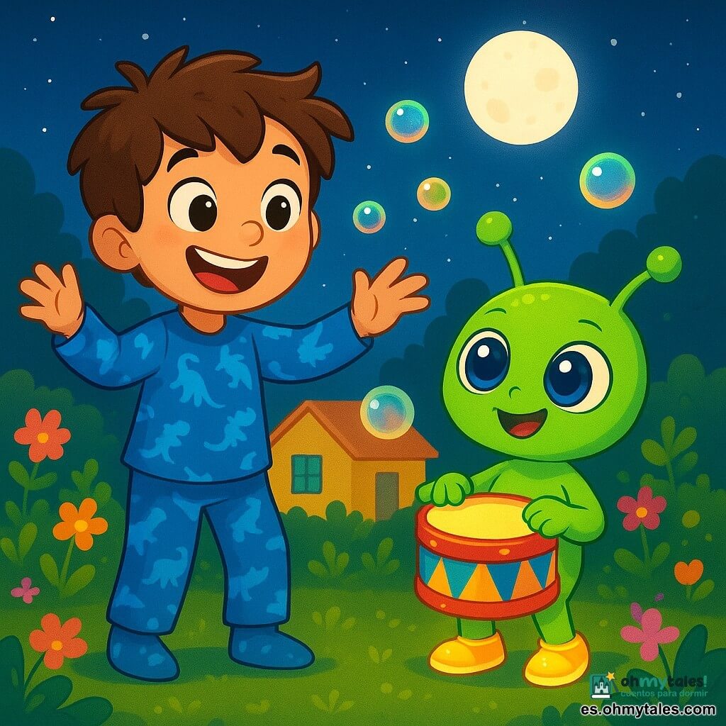 Un niño de 8 años, Lucas, con cabello castaño desordenado y ojos llenos de curiosidad, está en su jardín. Lleva un pijama azul con motivos de dinosaurios y una gran sonrisa en el rostro, mostrando su emoción. A su lado, Zozi, una extraterrestre pequeña y alegre, tiene piel verde brillante y ojos enormes y azules. Lleva zapatos luminosos y sostiene un tambor colorido que brilla bajo la luz de la luna. El jardín está lleno de flores coloridas y arbustos, con una casa amarilla de fondo bajo un cielo estrellado. La luna ilumina la escena con una suave luz plateada, creando una atmósfera mágica. Lucas y Zozi juegan juntos, siguiendo el ritmo del tambor, mientras burbujas luminosas flotan a su alrededor, iluminando la noche.