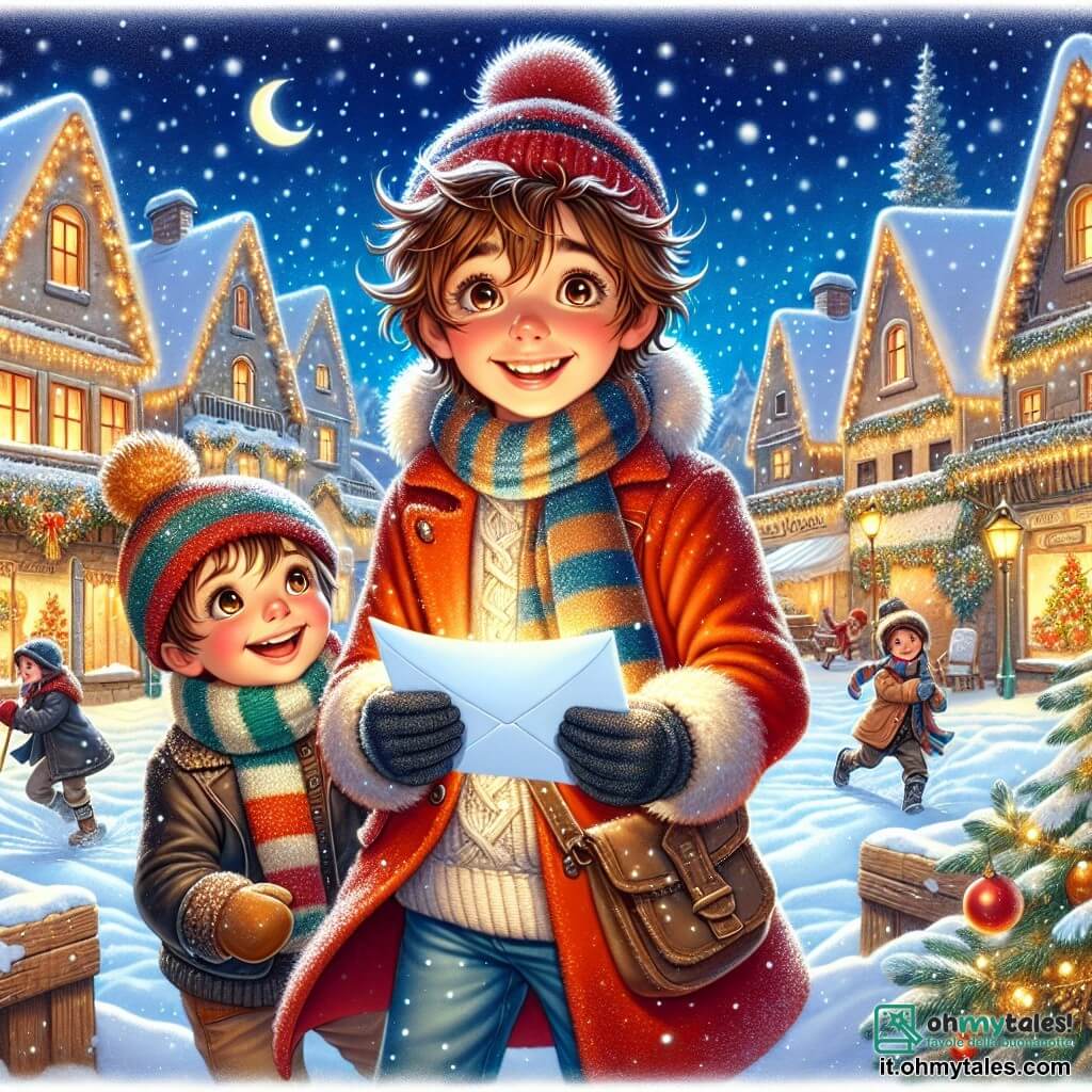 Un ragazzo di 11 anni, di nome Luca, si trova al centro dell'immagine, con capelli castani arruffati e un grande sorriso sul volto, esprimendo una gioia contagiosa. Indossa un cappotto rosso vivo, guanti di lana e stivali da neve, mentre tiene una lettera brillante tra le mani. Accanto a lui, il suo migliore amico Marco, un ragazzo di 11 anni con capelli castani e occhi vivaci, lo incoraggia con uno sguardo determinato, indossando una sciarpa a righe e un berretto di lana. Sullo sfondo, il suggestivo villaggio di Nevefelice si dispiega: case con tetti innevati, decorate con luci scintillanti, e un grande albero di Natale illuminato al centro della piazza, circondato da fiocchi di neve che cadono dolcemente. La scena rappresenta Luca e Marco, pronti a inviare la loro lettera a Babbo Natale, circondati da un'atmosfera festiva e magica, con bambini che giocano nella neve e adulti sorridenti che preparano le celebrazioni natalizie.