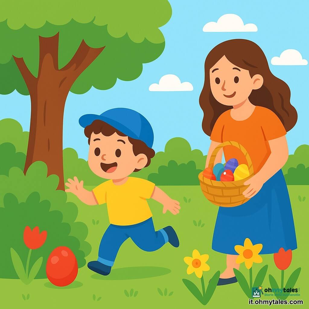 Un bambino di 2 anni, con capelli ricci e occhi scintillanti di gioia, indossa un cappello blu e una maglietta gialla. Sta saltando in giardino, con un grande sorriso sul volto, emozionato all'idea di cercare le uova di Pasqua. Sua madre, una donna di circa trenta anni con capelli lunghi e castani, è vicino a un albero, sorridente e incoraggiante, mentre tiene un cesto di vimini pieno di uova colorate. Il giardino è luminoso e verdeggiante, pieno di fiori dai colori vivaci, come tulipani rossi e narcisi gialli, sotto un cielo azzurro chiaro con alcune nuvole bianche e soffici. La scena principale mostra il bambino che scopre un uovo rosso nascosto dietro un cespuglio, con un'espressione di sorpresa e felicità, mentre sua madre lo osserva con orgoglio e tenerezza.