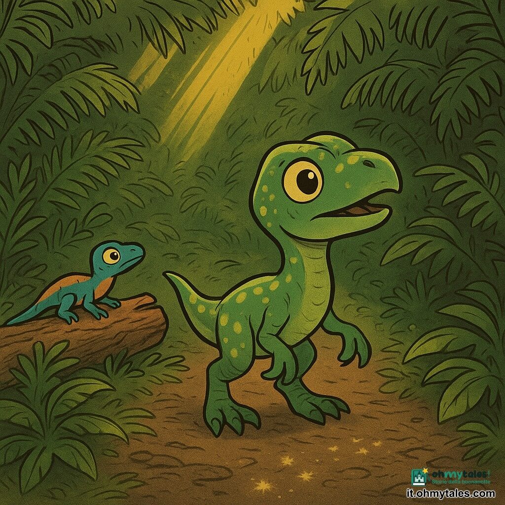Un giovane velociraptor chiamato Rillo, scaglie verdi macchiate di giallo e occhi grandi e curiosi, cammina sulle unghie con la coda leggermente sollevata come se ascoltasse una musica lontana; a sinistra, una piccola lucertola volante turchese e arancione su un tronco caduto lo osserva inclinando la testa, complice; fitta vegetazione di felci e cicade, raggi di sole dorati filtrano tra le foglie, sentiero fangoso con impronte che brillano come stelle; Rillo si ferma con una zampa sollevata mentre la lucertola indica un sipario di foglie da cui sembra provenire una melodia, atmosfera calma, luminosa e misteriosa.