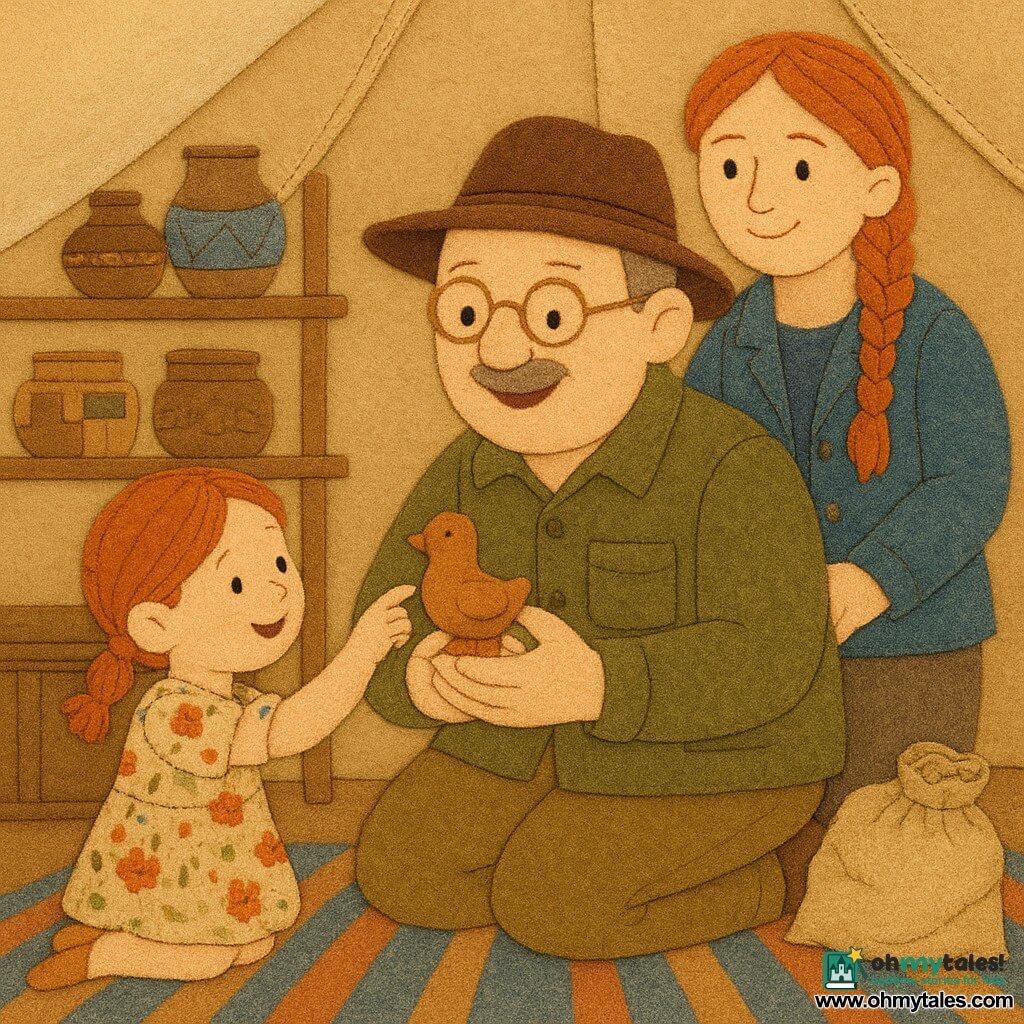 A kind, smiling male archaeologist in his fifties with a round face and small round beige wire glasses, textured khaki clothing and a brown felt hat kneels inside a large excavation tent holding a small terracotta clay animal with a joyful, gentle expression; Mia, about 30, with braided red wool hair and a sewn blue jacket stands behind him to the right, smiling with hands clasped; a little girl of about 5 in a floral dress with pigtails touches the clay animal with a finger, amazed; the tent interior has beige sewn canvas walls, wooden shelves with boxes and patchwork pottery, warm light filtering through the fabric and a striped cloth floor rug, a crinkly fabric snack pouch lies near the man's foot adding a playful familiar touch; warm colors and visible textures (felt, embroidered cotton, exposed thread, buttons, decorative stitching), soft shadows, centered child-friendly composition.