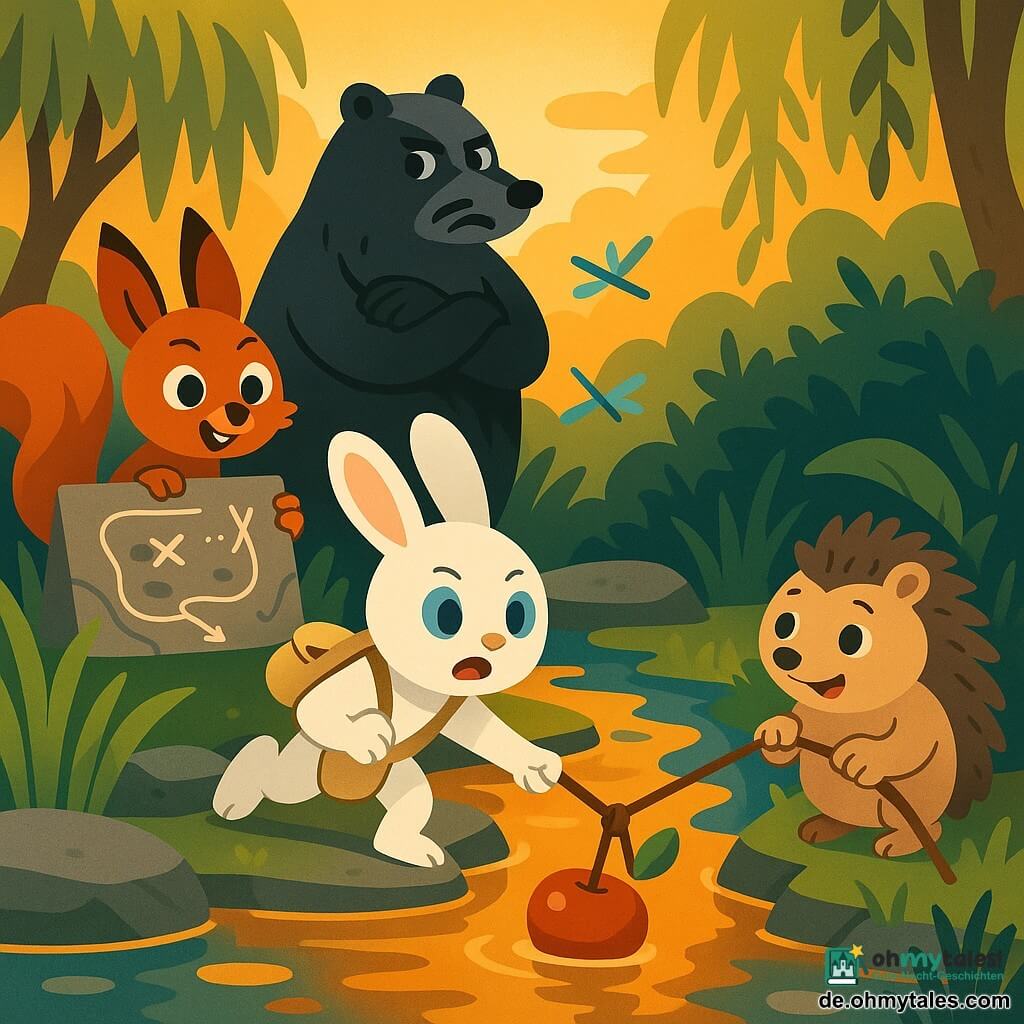 Milo, ein kleiner weißer Hase mit runden blauen Augen und mutigem, leicht außer Atem wirkendem Ausdruck, trägt eine kleine beigefarbene Stofftasche und streckt eine Pfote nach einem roten Apfel, der im Wasser schwimmt; Piks, ein runder Igel mit cremefarbenem Bauch, wirkt erleichtert und dankbar, hockt am rechten Ufer mit einem Blatt als Hut und zieht an einem Seil, das an einem Stock befestigt ist; Fina, ein rotbraunes Eichhörnchen mit großen Ohren und verschmitzten Augen, lächelt und zeigt eine mit Kreide auf einen flachen Stein gezeichnete Karte, steht hinter Milo links; Bruno, ein dunkelgrauer Dachs mit dicken Schnurrhaaren, beobachtet beschützend vom Gestrüpp im Hintergrund; Schauplatz: ein seichter Bach mit leuchtend grünen hohen Gräsern, grauen Flachsteinen, türkisfarbenen Libellen und sanfter Weide, goldenes Abendlicht mit orangen Spiegelungen auf dem Wasser; Szene: einfache, dynamische Zusammenarbeit beim Apfelretten, sichtbare Seile, Stock und Karte, freundliche Abenteuerstimmung, warme kontrastreiche Farben, klare Formen und gut lesbare Silhouetten.
