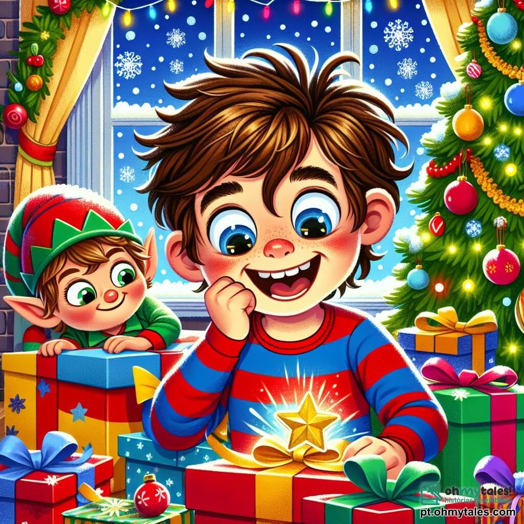 Um garoto de 8 anos, Lucas, com cabelos castanhos bagunçados e olhos brilhantes de curiosidade, está sentado no chão, cercado por presentes coloridos. Ele veste um pijama listrado azul e vermelho, e seu rosto expressa uma alegria encantada, com um grande sorriso e bochechas rosadas de excitação. Ao lado dele, um duende travesso, pequeno e brincalhão, com um chapéu vermelho pontudo e um sorriso malicioso, se esconde atrás de um presente, segurando uma estrela dourada brilhante nas mãos. A cena acontece em uma sala acolhedora, decorada com luzes e uma grande árvore de Natal, adornada com bolas coloridas e guirlandas cintilantes. Flocos de neve caem suavemente do lado de fora, visíveis através de uma janela decorada com neve falsa. Lucas e o duende estão em plena ação, Lucas rindo alto enquanto descobre um presente escondido atrás de uma almofada, enquanto o duende, com uma expressão travessa, parece pronto para escapar com outro presente.