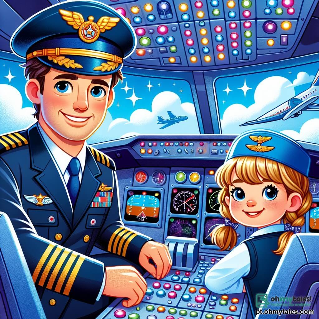 O personagem principal, o Capitão Hugo, é um homem sorridente de cerca de quarenta anos, com cabelos castanhos levemente desgrenhados sob seu chapéu de piloto. Ele usa um uniforme azul-marinho adornado com medalhas brilhantes, e seus olhos brilham de excitação enquanto está na cabine de seu avião, o "Pássaro Azul". Ao seu lado, Sofia, uma menina de 8 anos com cabelos loiros trançados, usa um pequeno chapéu de copiloto de papel e observa maravilhada os instrumentos do painel. Ela está sentada ao lado dele, com as mãos sobre os joelhos, pronta para viver a aventura. A cabine está cheia de luzes coloridas e botões cintilantes, com grandes janelas oferecendo uma vista espetacular do céu azul salpicado de nuvens brancas. Ao fundo, vê-se aviões na pista de pouso e técnicos trabalhando ao redor. A cena principal mostra o momento em que o Capitão Hugo explica a Sofia como pilotar o avião, com um ar de cumplicidade e alegria, cercados por uma atmosfera de aventura, com nuvens flutuantes e um sol radiante iluminando a cabine, criando um ambiente mágico e cheio de promessas.