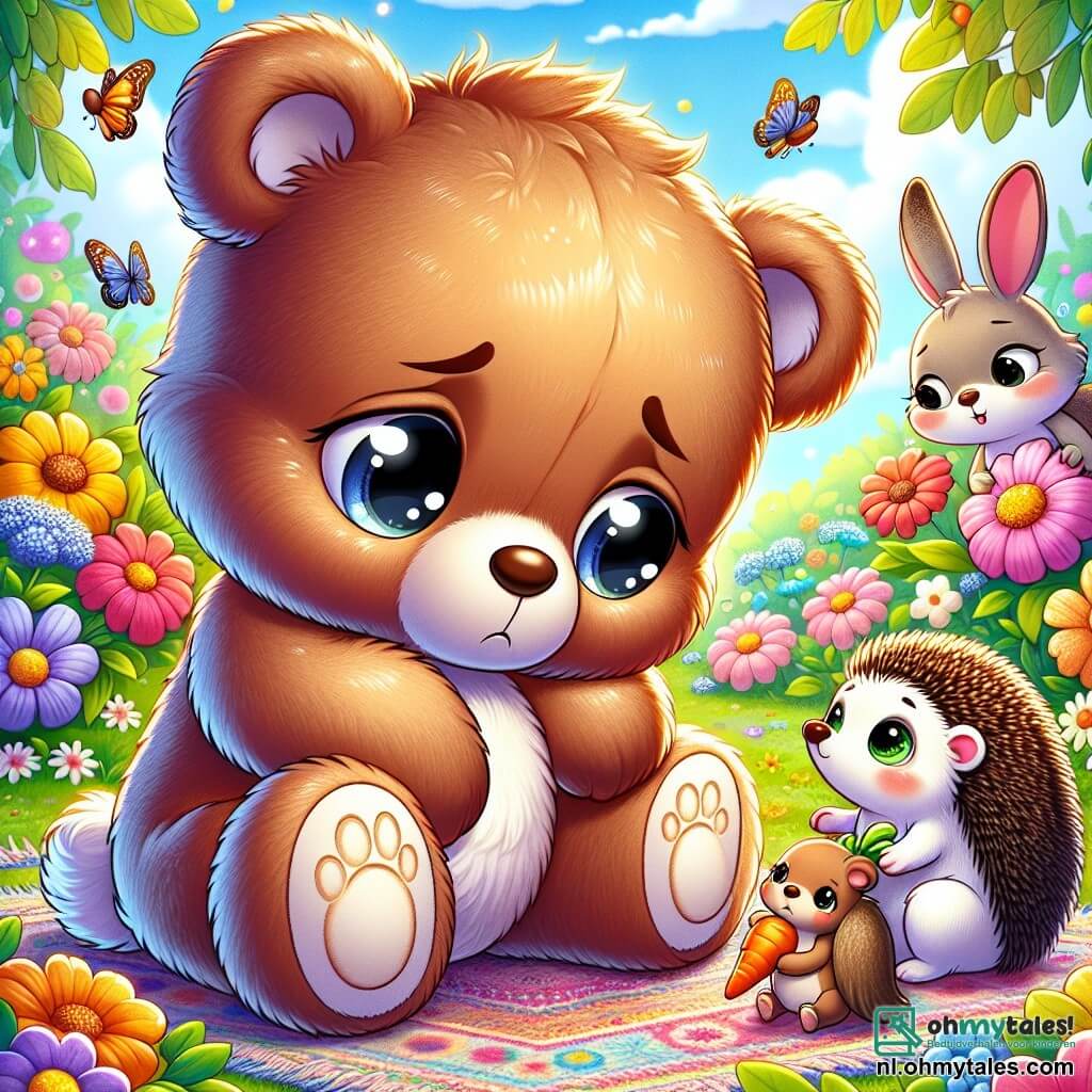 Een zachte, bruine teddybeer met grote ronde ogen en een melancholische uitdrukking zit op een tapijt van kleurrijke bloemen en kijkt treurig naar zijn vrienden. Naast hem kijkt een klein konijn met grote oren, een witte vacht en sprankelende ogen hem aan met een bemoedigende blik, terwijl het een kleine wortel in zijn pootjes vasthoudt. Ook een vriendelijke egel met zachte stekels staat daar, bezig met het verzamelen van glanzende bessen, klaar om zijn vriend te helpen. De scène speelt zich af in een zonnige tuin, vol met stralende bloemen en fladderende vlinders, met een heldere blauwe lucht op de achtergrond. De teddybeer voelt zich een beetje moe en verdrietig, maar zijn vrienden zijn er om hem op te vrolijken, klaar om verhalen en lachen te delen om hem weer energie te geven.