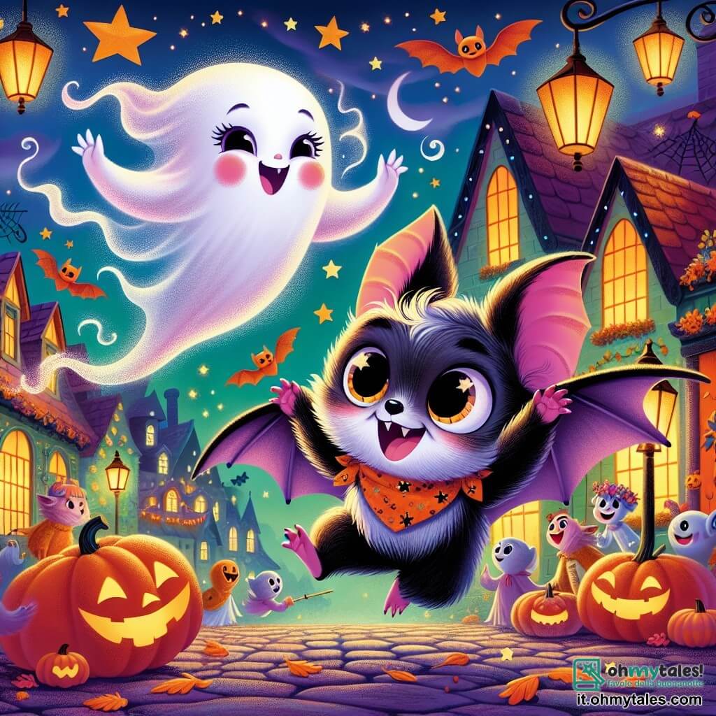 Un giovane pipistrello di nome Pip, con un pelo morbido e nero, occhi tondi e brillanti come stelle, vola felicemente in una notte di Halloween, il suo viso radioso di eccitazione e curiosità. Accanto a lui, un piccolo fantasma di nome Nebulina, con un corpo bianco e vaporoso e guance rosa, fluttua nell'aria, sorridendo e ridendo, con le braccia alzate come per invitare Pip a ballare. Il decor è una graziosa piazza di villaggio, decorata con lanterne arancioni e ragnatele scintillanti, con case dai tetti a punta e zucche sorridenti sulle finestre. La scena è piena di colori vivaci e dettagli festivi, come stelle cadenti e foglie autunnali che vorticano nell'aria. Pip e Nebulina si preparano a partecipare al Grande Ballo dei Coraggiosi, circondati da creature divertenti e gioiose, in un'atmosfera magica e piena di risate.