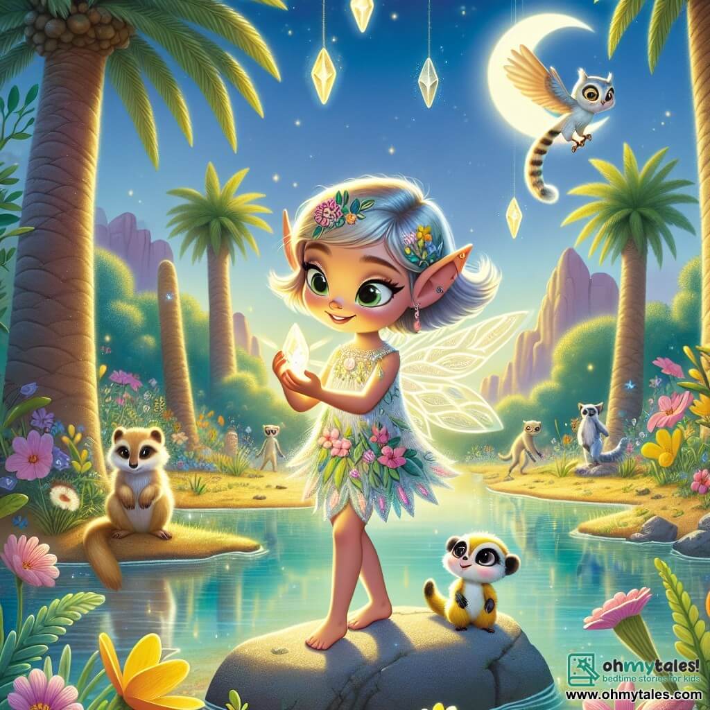 In the center of the image, Tilly, a little elf with moonlit hair and sparkling curious eyes, stands on a rock by an oasis. She wears a determined and joyful expression, holding a glowing crystal that emits a soft golden light. Her delicate body is dressed in a dress made of colorful leaves and flowers, and her translucent wings shimmer in the sunlight. Next to her, Saffron, a young meerkat with large ears and golden fur, stands on his hind legs, looking at Tilly with admiration. He is curious and eager to help her on her quest. A little further away, Luna, a wise owl with silver feathers, perches on a palm branch, watching the scene with a kind and mysterious gaze. The setting is an enchanting oasis, surrounded by majestic palm trees and vibrant flowers. The clear water of the oasis reflects the blue sky, and glowing crystals sparkle on the ground, creating a magical and welcoming atmosphere. The main scene shows Tilly touching the crystal to the water's surface, creating a wave of light that illuminates the oasis, while Saffron and Luna encourage her, embodying the hope and magic reborn in the desert.