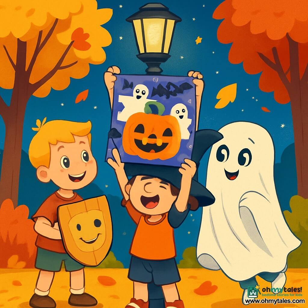 There are 3 characters: Sam, a 6-year-old boy with messy brown hair wearing a small black wizard hat that falls over his eyes, stands in the center with his arms raised, holding a poster tube. Ben, a 6-year-old boy with blonde hair, is on Sam's left, holding a cardboard shield decorated with a smile, his eyes sparkling with excitement, ready to help. Luca, a 6-year-old boy dressed in a white sheet as a ghost, with round mischievous eyes, is on Sam's right, slightly floating on his tiptoes, ready to play a prank. The setting is an autumn park with trees shedding golden and red leaves. An old lamppost stands in the center, illuminating the leaf-covered ground. The sky is deep blue, dotted with twinkling stars, and a gentle breeze makes the branches dance. The main scene shows the three friends trying to hang a large colorful Halloween poster on the lamppost, featuring a cheerful smiling pumpkin surrounded by ghosts and bats. The children are focused and amused, each using their imagination to reach the top of the lamppost, creating a scene full of camaraderie and adventure.