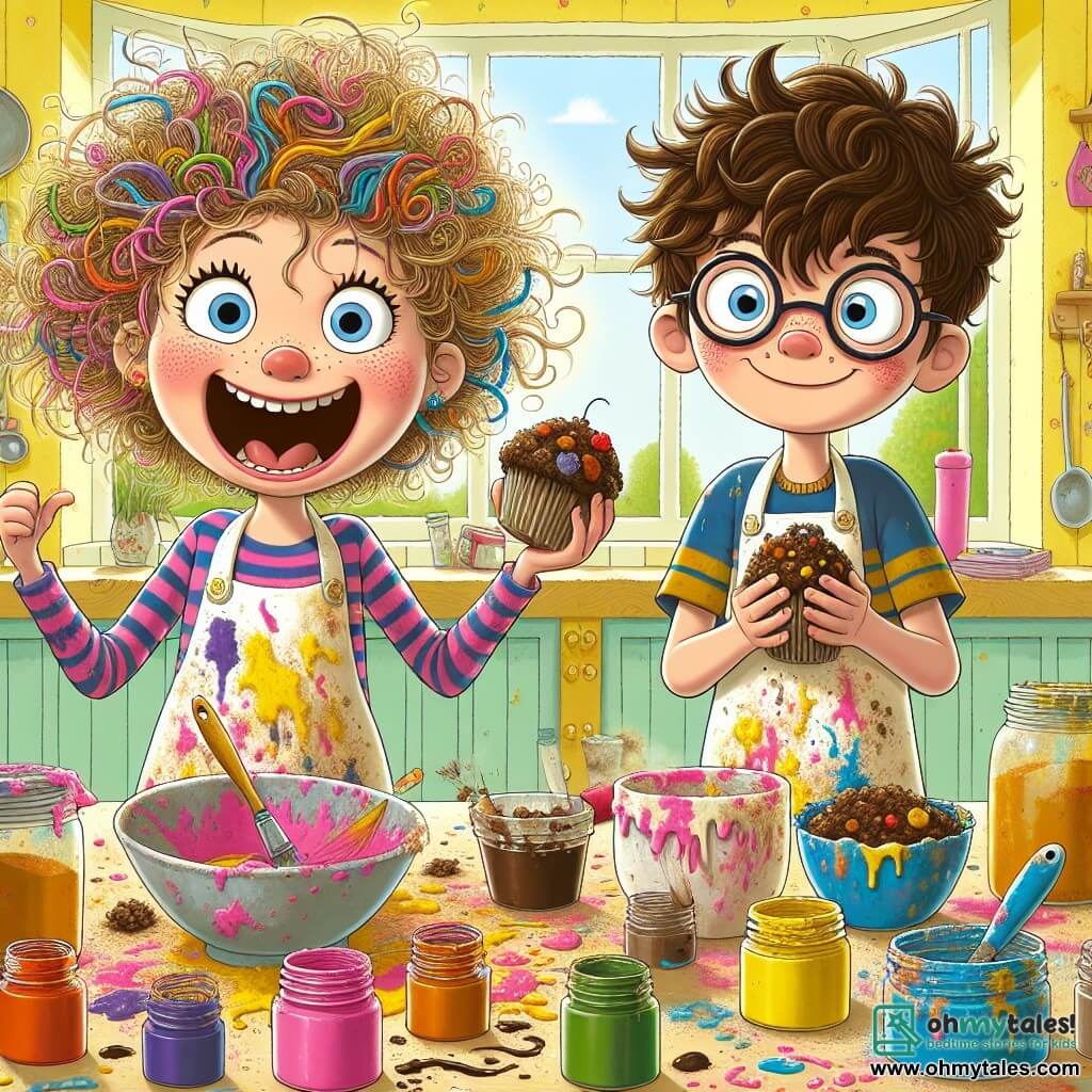 Daisy Pickleberry, an 11-year-old girl with curly, messy hair, is beaming with excitement. She wears a colorful apron covered in paint and flour stains and stands in front of a messy kitchen table, surrounded by strange, colorful ingredients. Next to her is Timmy, an 11-year-old boy with round glasses and tousled brown hair, laughing while holding a blue muffin with bacon, his eyes sparkling with mischief. The scene takes place in a bright, warm kitchen with pastel yellow walls and sunlight streaming through the windows. Colorful spice jars and kitchen utensils are scattered around, creating a joyful, chaotic atmosphere. Daisy, full of energy and creativity, is mixing bizarre ingredients to create her unique dish, the "Wobbleberry Surprise," while laughter and splashes of color fill the air, symbolizing the spirit of adventure and challenge in the story.