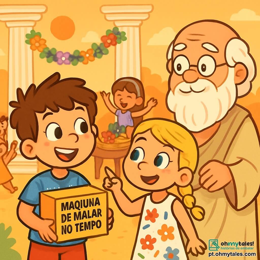 Um menino de 6 anos, chamado Tomás, com cabelos castanhos bagunçados e olhos brilhantes de curiosidade, está no centro da imagem, com um sorriso maravilhado no rosto. Ele usa uma camiseta azul com estampas de carros e um short vermelho, segurando uma caixa chamada "máquina do tempo" nas mãos, com os olhos arregalados de empolgação. Ao lado dele, uma menina de 7 anos, Helena, com cabelos loiros trançados e um vestido branco decorado com flores coloridas, sorri alegremente. Ela aponta para um sábio, Sócrates, um homem idoso com uma longa barba branca e óculos redondos, vestido com uma túnica bege, que está um pouco afastado, ouvindo atentamente a conversa. O cenário é uma festa grega animada, com colunas brancas majestosas, guirlandas de flores coloridas penduradas e mesas cheias de frutas e iguarias deliciosas. Crianças dançam ao redor, e músicos tocam a lira, criando uma atmosfera festiva e alegre. A cena principal mostra Tomás e Helena entregando uma mensagem importante a Sócrates, enquanto a luz dourada do sol poente ilumina a cena, acrescentando um toque mágico a este encontro inesquecível.